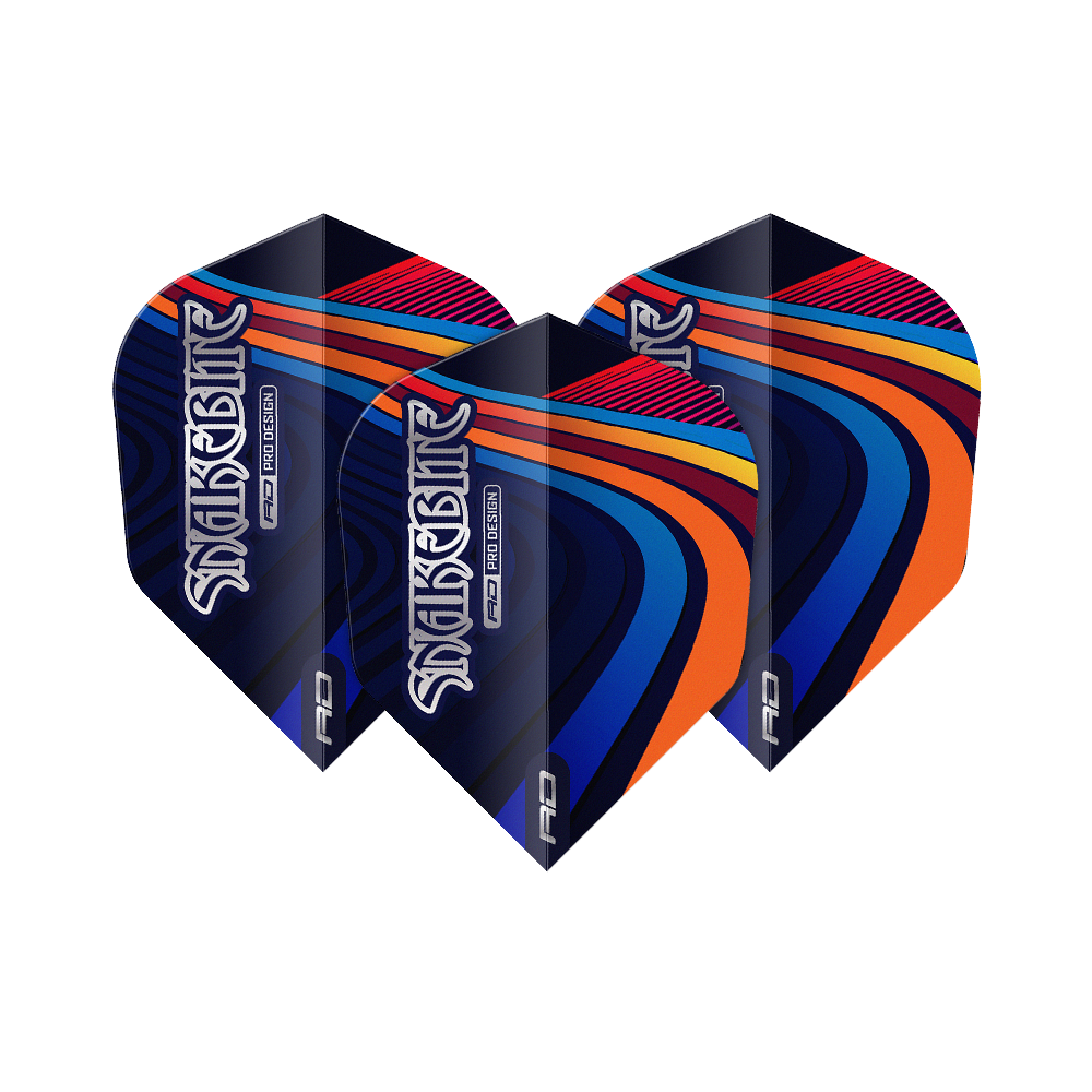 Das Bild zeigt drei bunte Dart-Flights mit dem Schriftzug "Snakebite". Die Flights haben ein auffälliges Muster in Blau, Orange, Rot und Gelb.