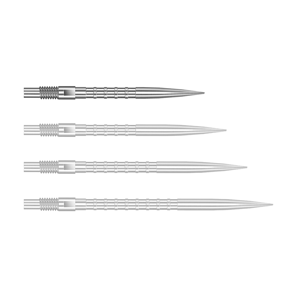 Das Bild zeigt Harrows Quick Point Heavy Metal Grip Dartspitzen in Silber mit einer Länge von 26mm. Dies ist das erste Stück der Serie.