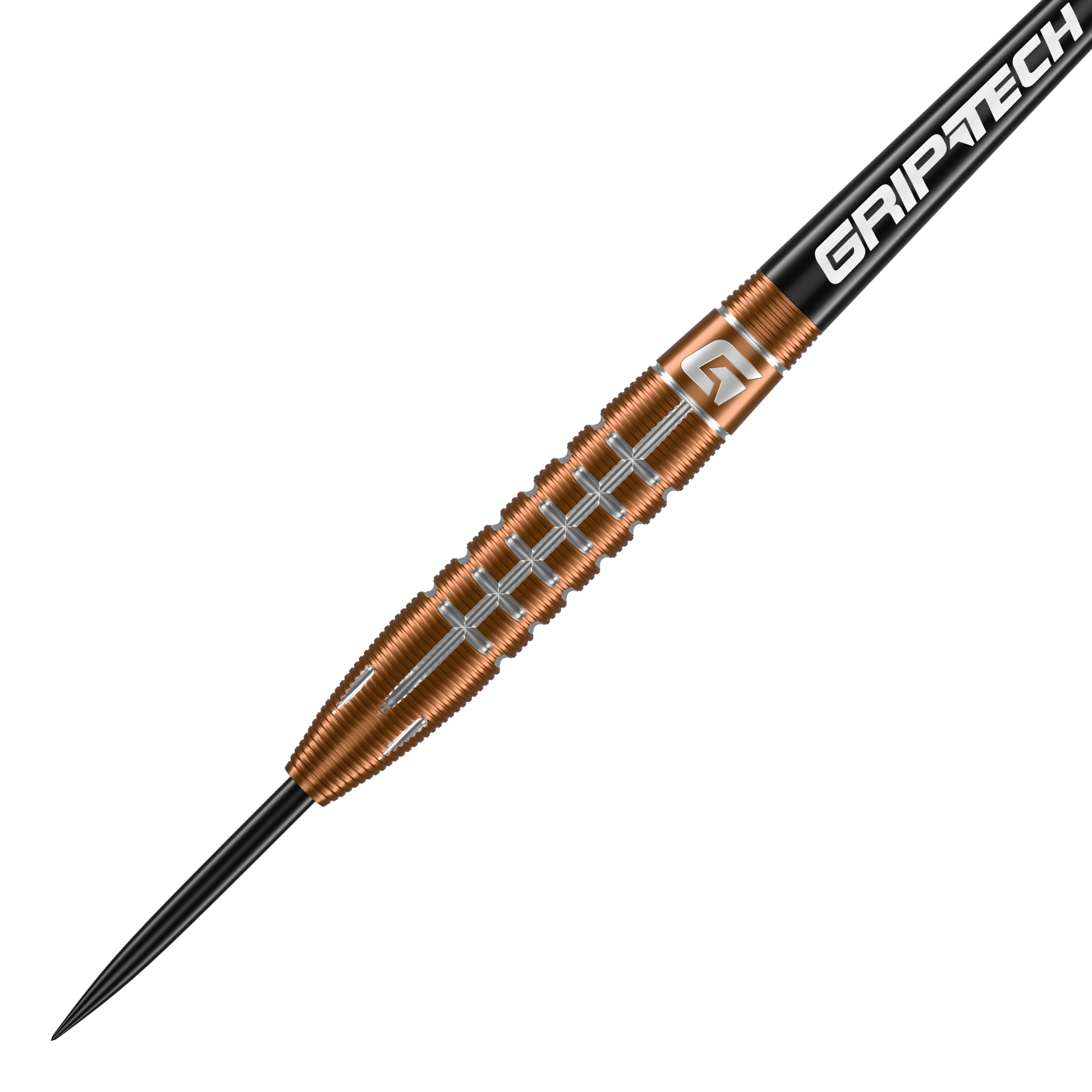 Lotki GOAT Quarterback V2 ze stali wolframowej - 24 g Der GOAT Quarterback V2 Tungsten Steeldart wiegt 24 Gramm und hat ein auffälliges, gerilltes Design. Auf dem Schaft steht das Wort "GRIPTECH" geschrieben.