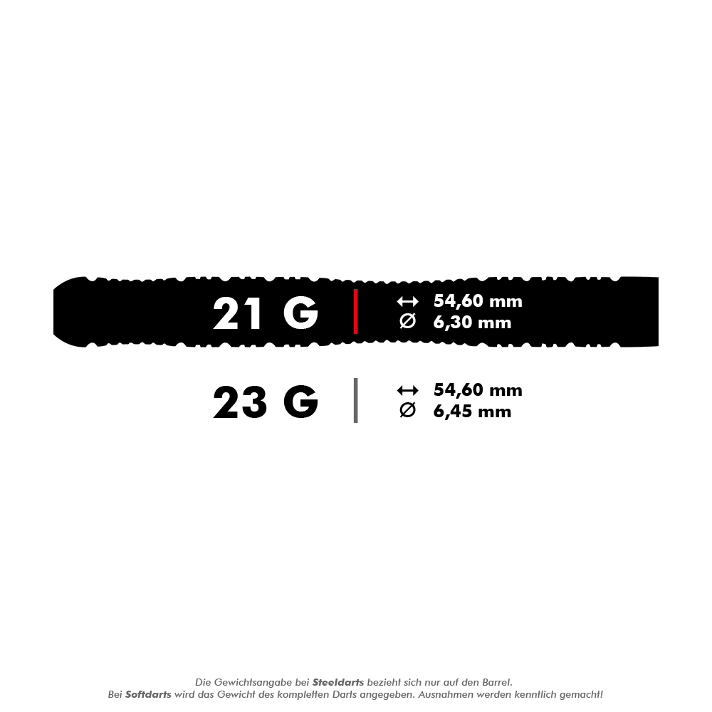Stalowe lotki Winmau Brendan Dolan Dieses Bild zeigt die technischen Daten von Steeldarts mit 21 und 23 Gramm. Die Länge beträgt jeweils 54,60 mm, der Durchmesser beträgt 6,30 mm bei 21 g und 6,45 mm bei 23 g.