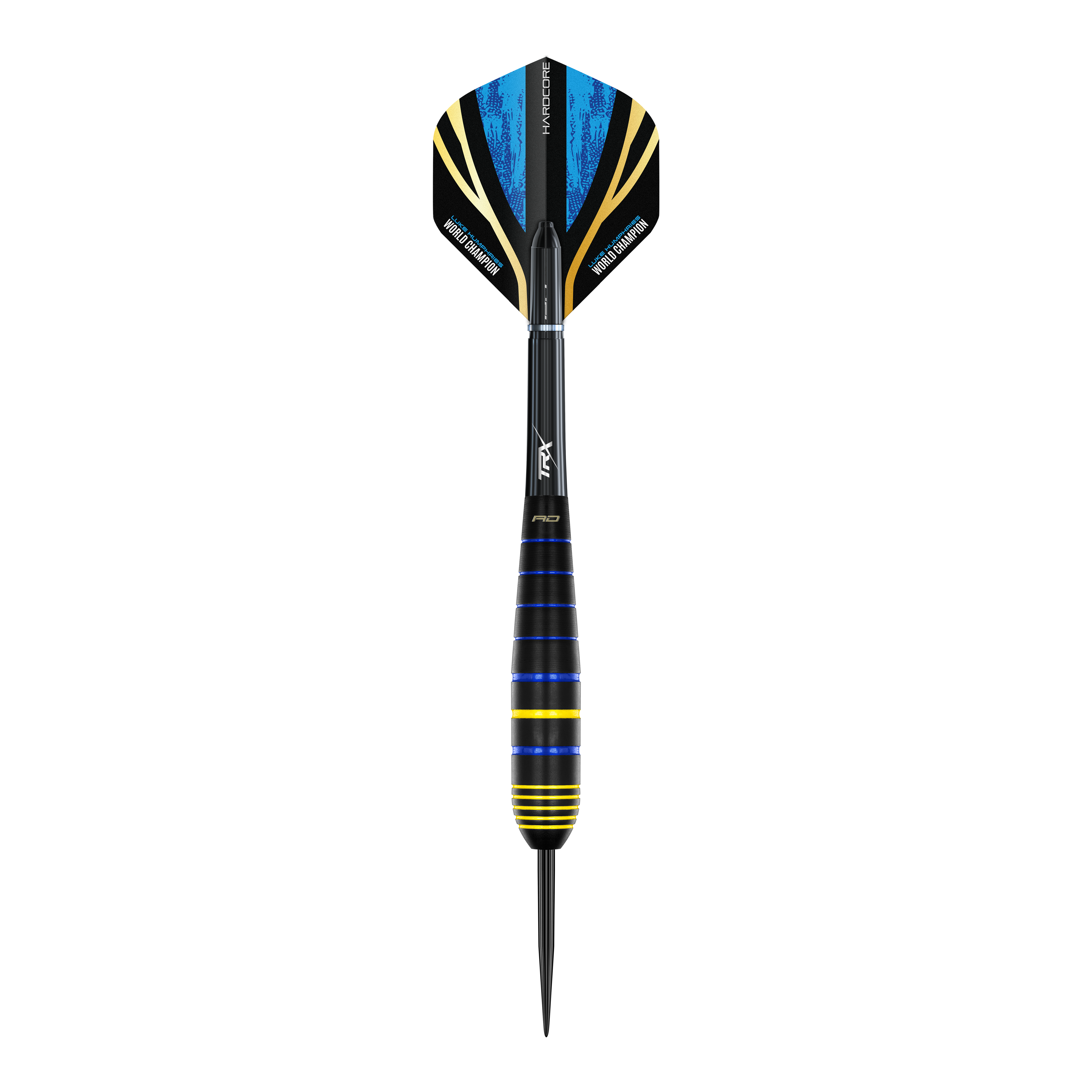Rzutki Red Dragon Luke Humphries World Champion Brass Steel Das Bild zeigt einen Red Dragon Luke Humphries World Champion Brass Steeldart. Der Dart hat blaue, gelbe und schwarze Farbakzente und eine spitze Metallspitze.