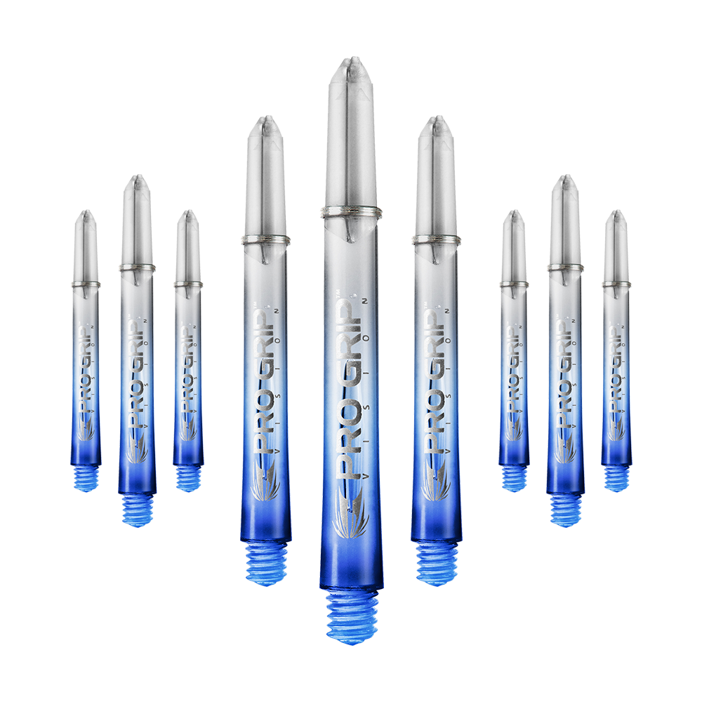 Target Pro Grip Vision Shafts - 3 zestawy - niebieskie Das Bild zeigt neun transparente Dartschäfte mit blauem unteren Ende. Auf den Schäften steht "Pro Grip" geschrieben.