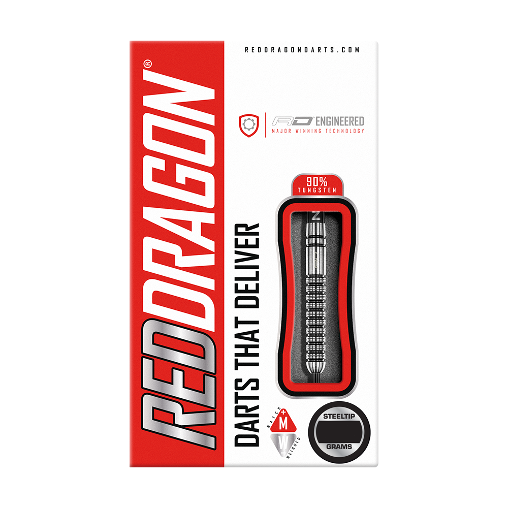RD2554_Red_Dragon_Gian_Van_Veen_Steeldarts_3 Die Verpackung zeigt die Red Dragon Gian Van Veen Steeldarts mit einem Gewicht von 21 Gramm. Die Darts bestehen zu 90 % aus Wolfram und sind mit einer Steeltip-Spitze ausgestattet.