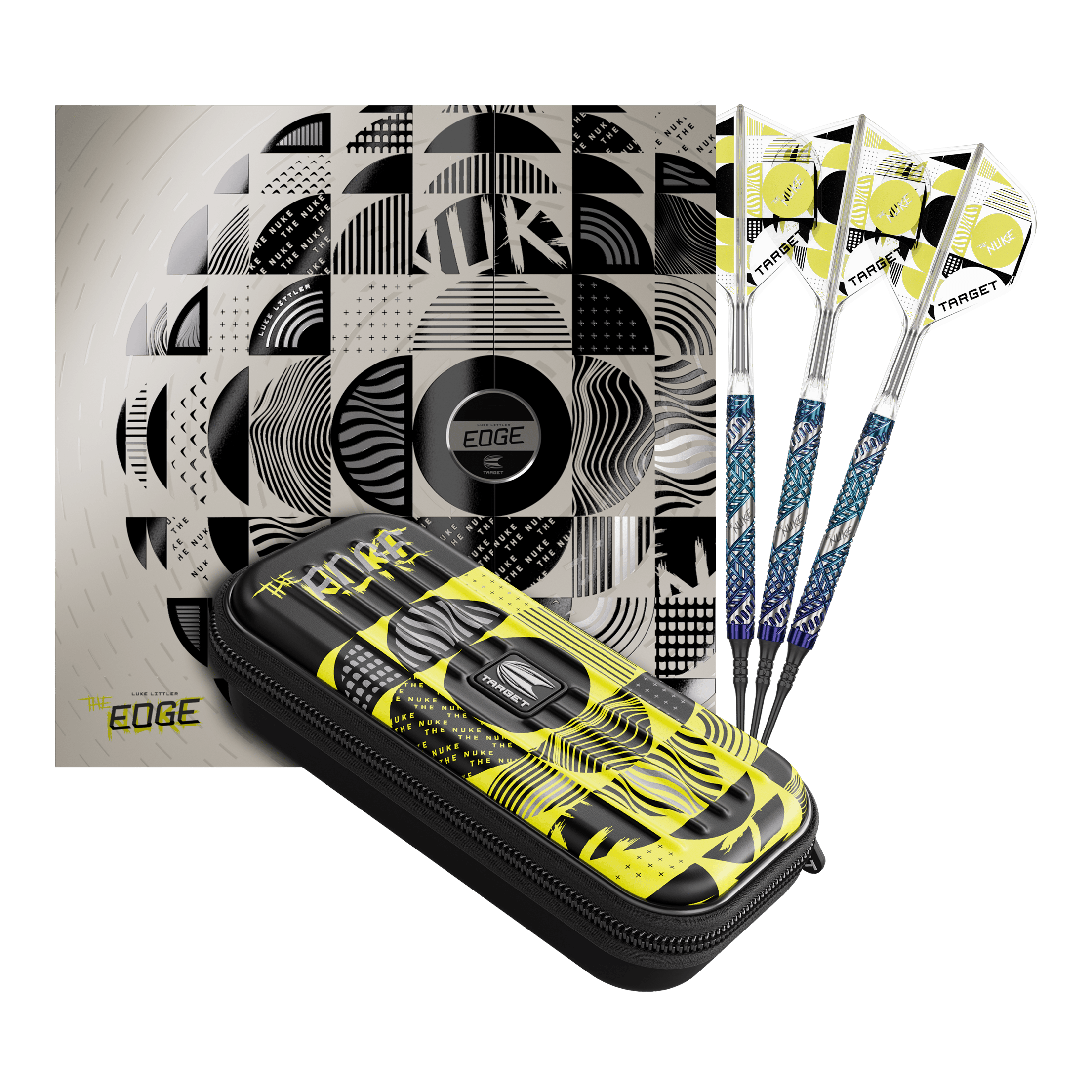 Lotki Target Luke Littler Edge Soft Darts - 19 g Auf dem Bild befindet sich das Set der Target Luke Littler Edge Softdarts - 19g. Die Darts sind komplett und gut sichtbar angeordnet.