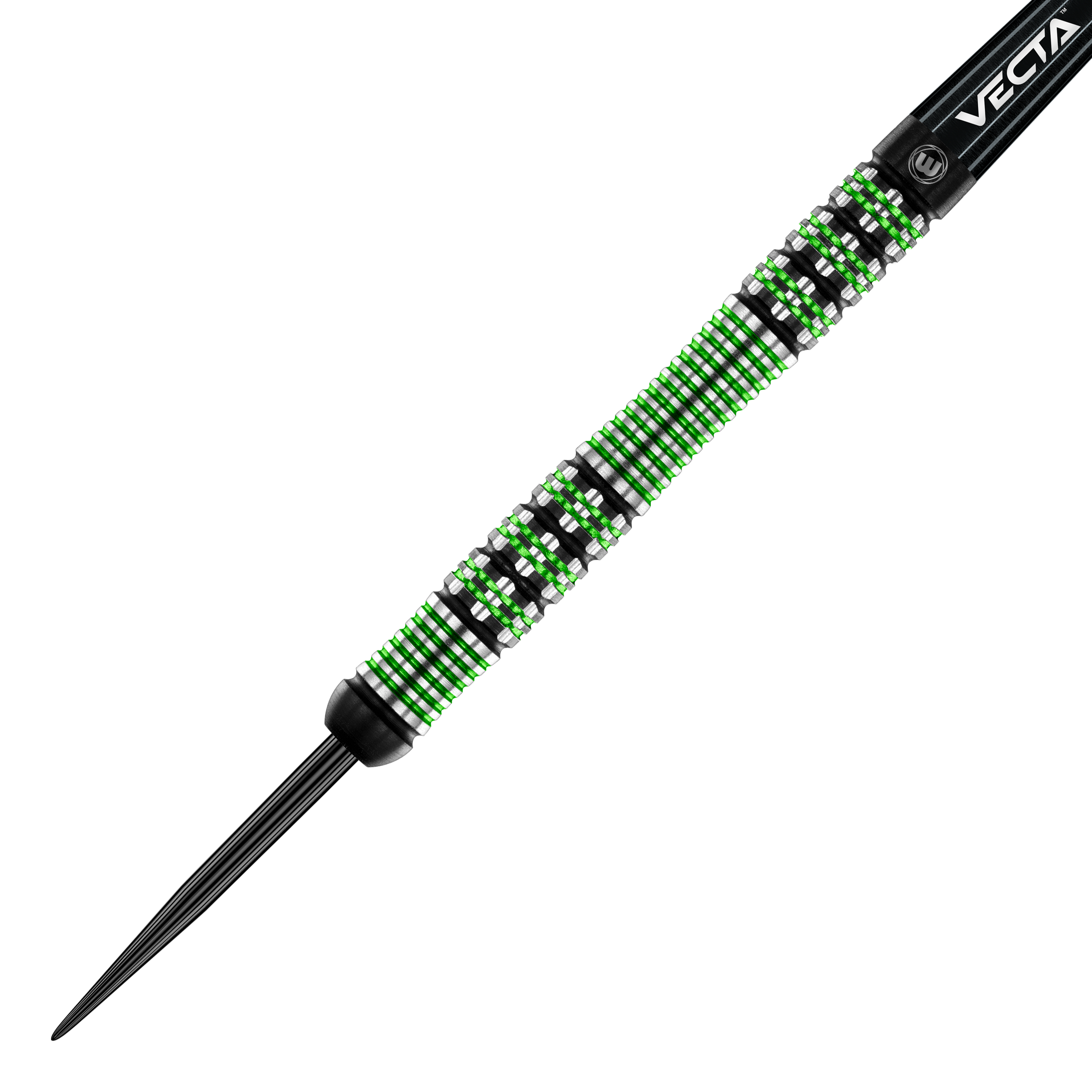 Stalowe lotki Winmau Brendan Dolan Das Bild zeigt einen Winmau Brendan Dolan Steeldart. Der Dartpfeil hat ein auffälliges Design mit grünen und silbernen Ringen am Barrel.