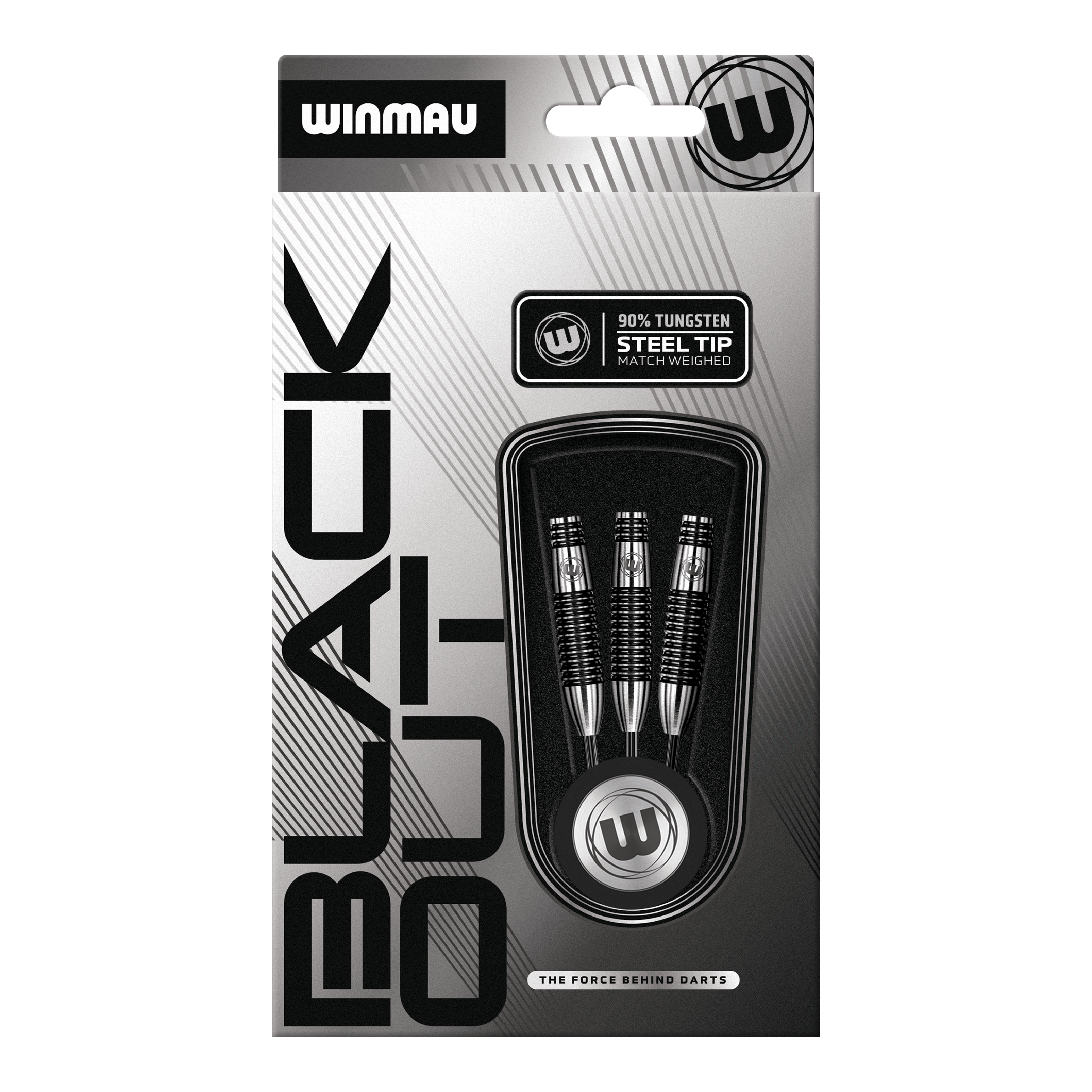 Gezeigt werden die Winmau Blackout Variante 2 Steeldarts. Diese aus Tungsten bestehenden Steeldarts sind für ambitionierte Dartspieler geeignet.