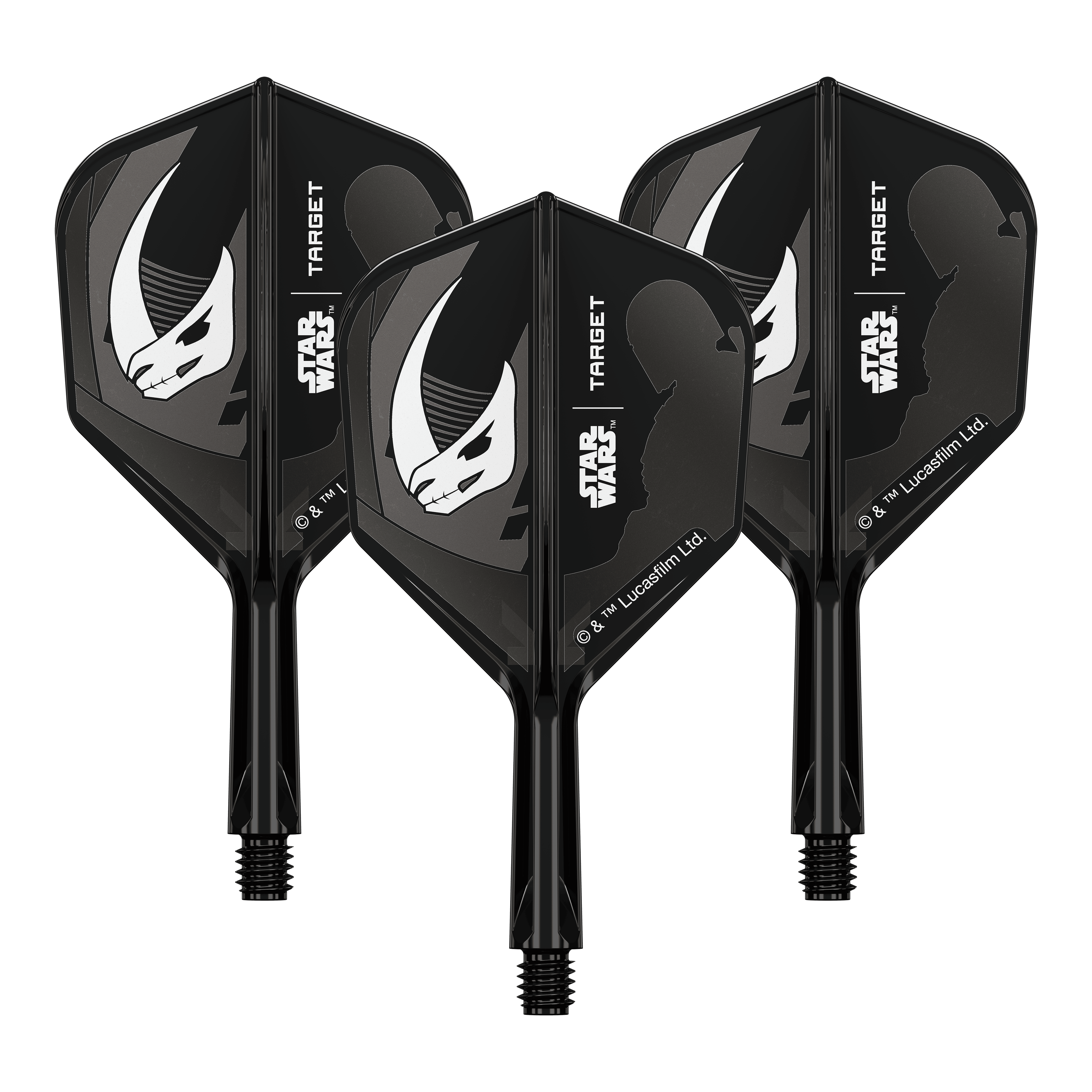 Zestaw Target Star Wars K-Flex Mandalorian No6 Flights Auf dem Produkt ist eine Mandalorianer-Rüstung aus Star Wars abgebildet. Es handelt sich um einen weiteren No6 Flights 19 mm Dart-Flügel.