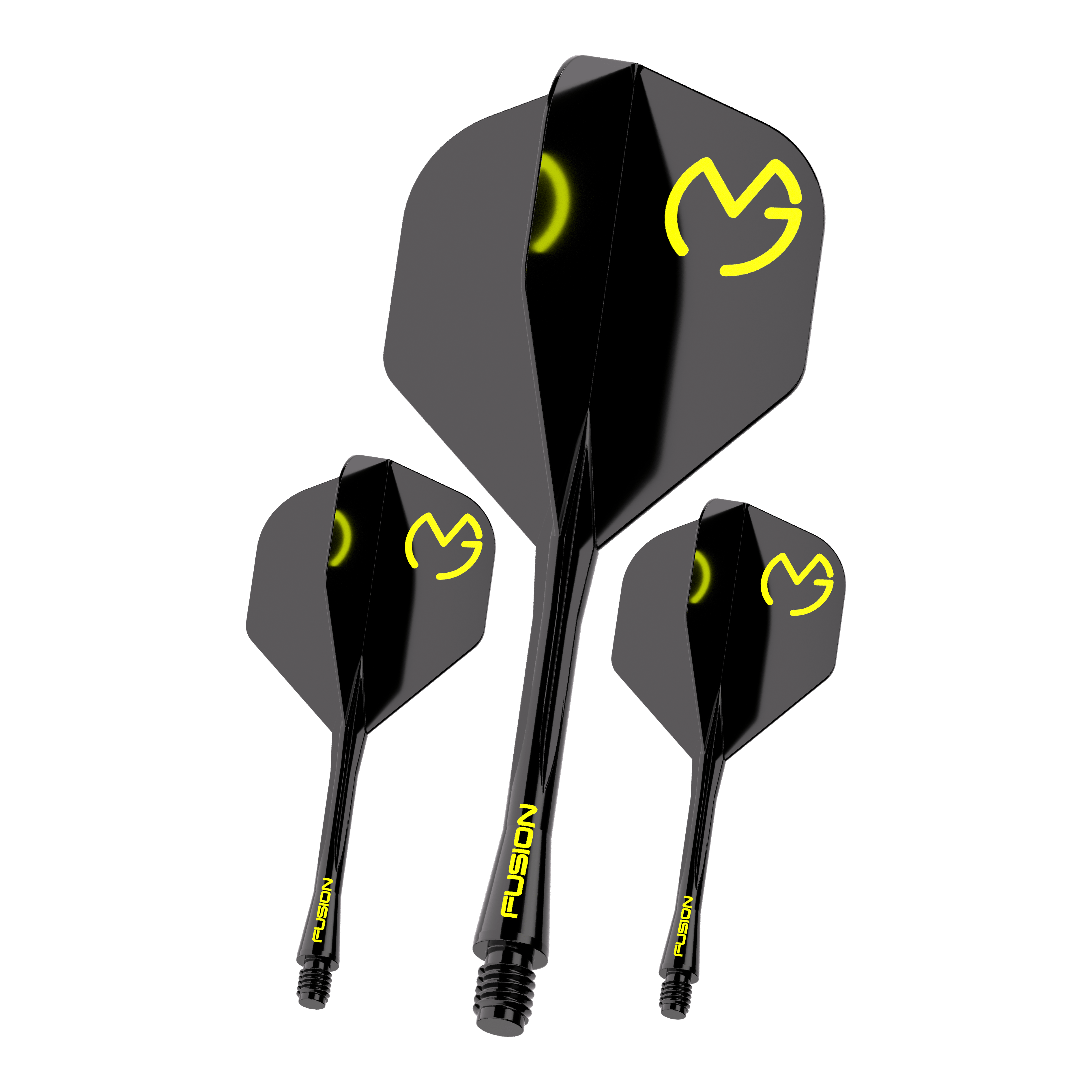 System wału napędowego Winmau Fusion Michael Van Gerwen Pacman No2 Standard Das Bild zeigt drei schwarze Dartflights mit gelbem "MVG"-Logo und der Aufschrift "FUSION" auf den Schäften. Es handelt sich um das Produkt "Winmau Fusion Flight-Shaft-System Michael Van Gerwen Pacman No2 Standard".