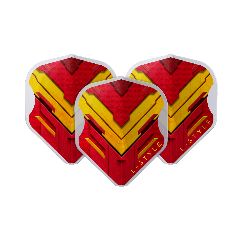 L-Style V-Series V1 Typ A Hiszpania Przezroczysta biel L1EZ Loty Das Bild zeigt drei Dart-Flights der Marke L-Style in den Farben Rot, Gelb und Weiß. Auf den Flights ist ein auffälliges, geometrisches Muster mit dem Schriftzug "L-STYLE" zu sehen.