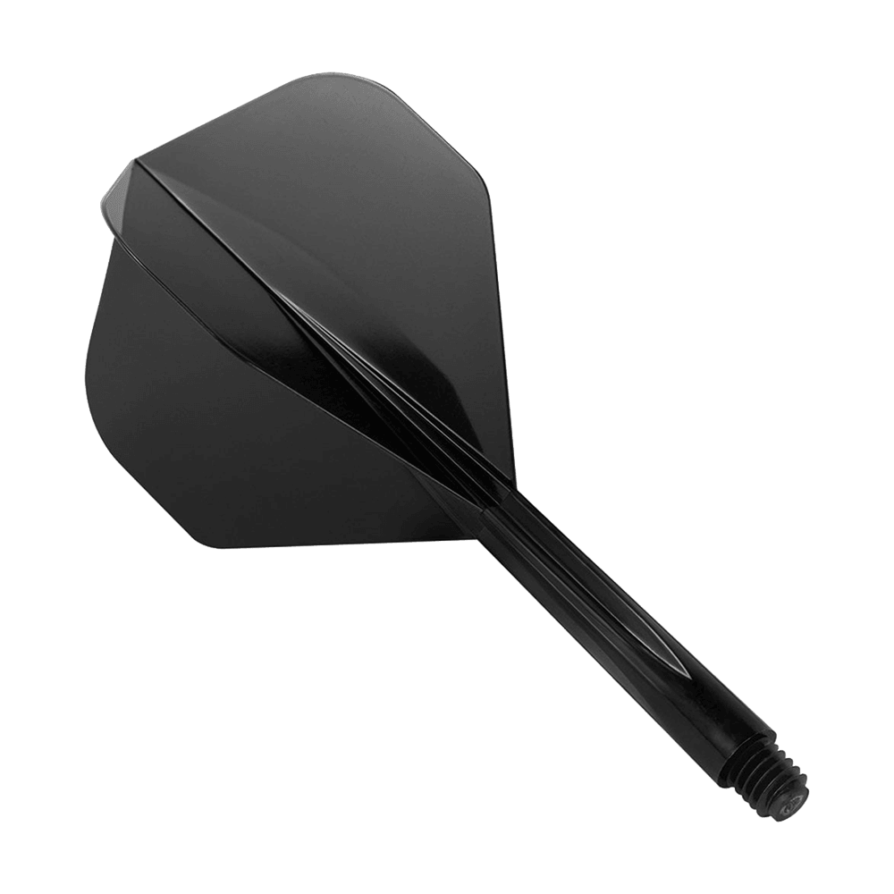 CO-0150_Condor_Zero_Stress_Black_Flight_System_Standard_1 Das Bild zeigt das Produkt "Condor Zero-Stress Black Flight System Standard". Es handelt sich um ein schwarzes Dart-Flightsystem mit integriertem Schaft.