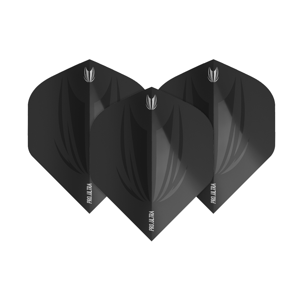 TG408_Target_ProUltra_ID_Black_No2_Standard_Flights_1FOvFVQNKJQNlJ Das Bild zeigt drei schwarze Dart-Flights des Modells "Target ProUltra ID Black No2 Standard". Auf jedem Flight ist ein dezentes Muster sowie der Schriftzug "PRO ULTRA" zu sehen.