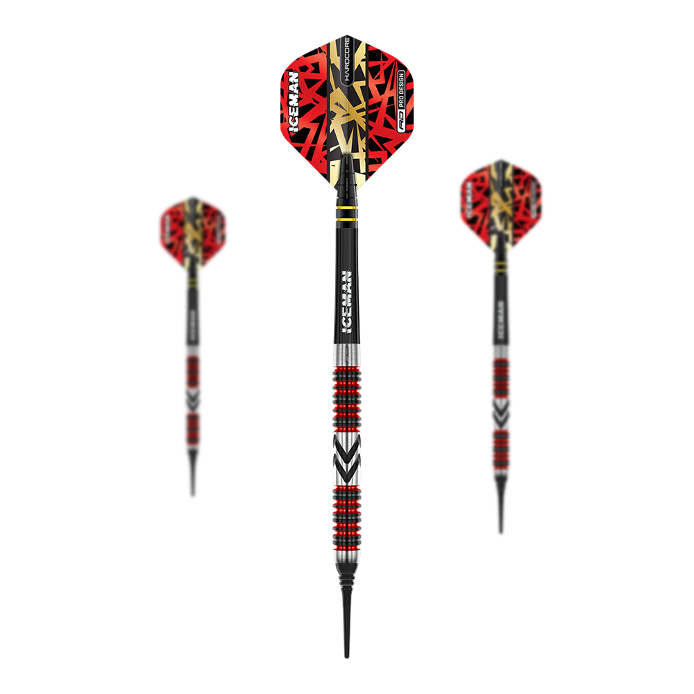 Miękkie rzutki Red Dragon Gerwyn Price Firebird - 20g Das Bild zeigt drei Softdarts des Modells "Red Dragon Gerwyn Price Firebird - 20g". Die Darts haben rote Flights mit schwarzem und goldfarbenem Muster sowie silberne und rote Ringe am Barrel.