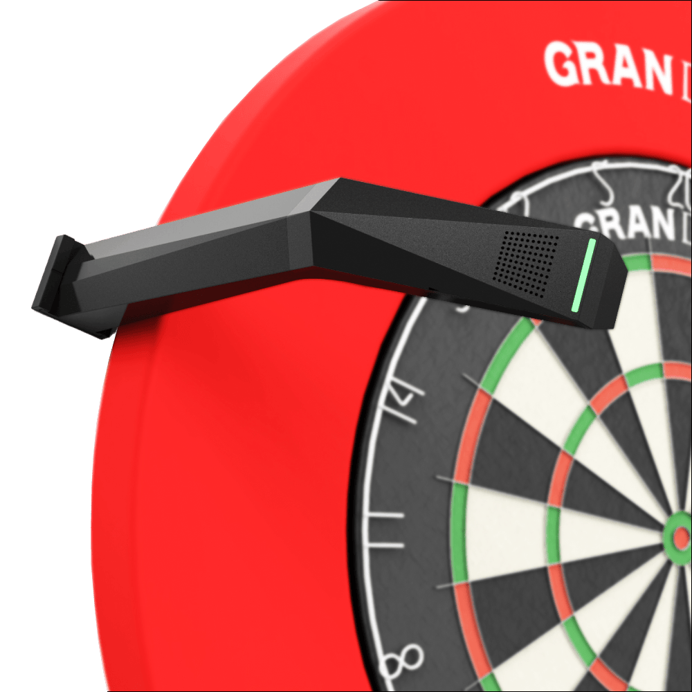 GranDarts Gran Eye GEN2 Steeldart automatyczny system punktacji Das Bild zeigt das GranDarts GranEye Steeldart Auto-Scoring-System, das über einem Dartboard installiert ist. Das schwarze Gerät erkennt automatisch die Treffer auf der Dartscheibe und wertet sie aus.