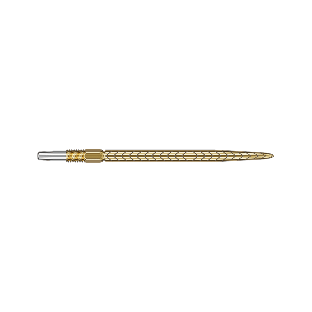 Groty do lotek Target Swiss Point RVE – złote Das Bild zeigt eine goldfarbene Dartspitze mit einem feinen, eingravierten Muster. Die Spitze ist lang und hat ein elegantes, schlankes Design.