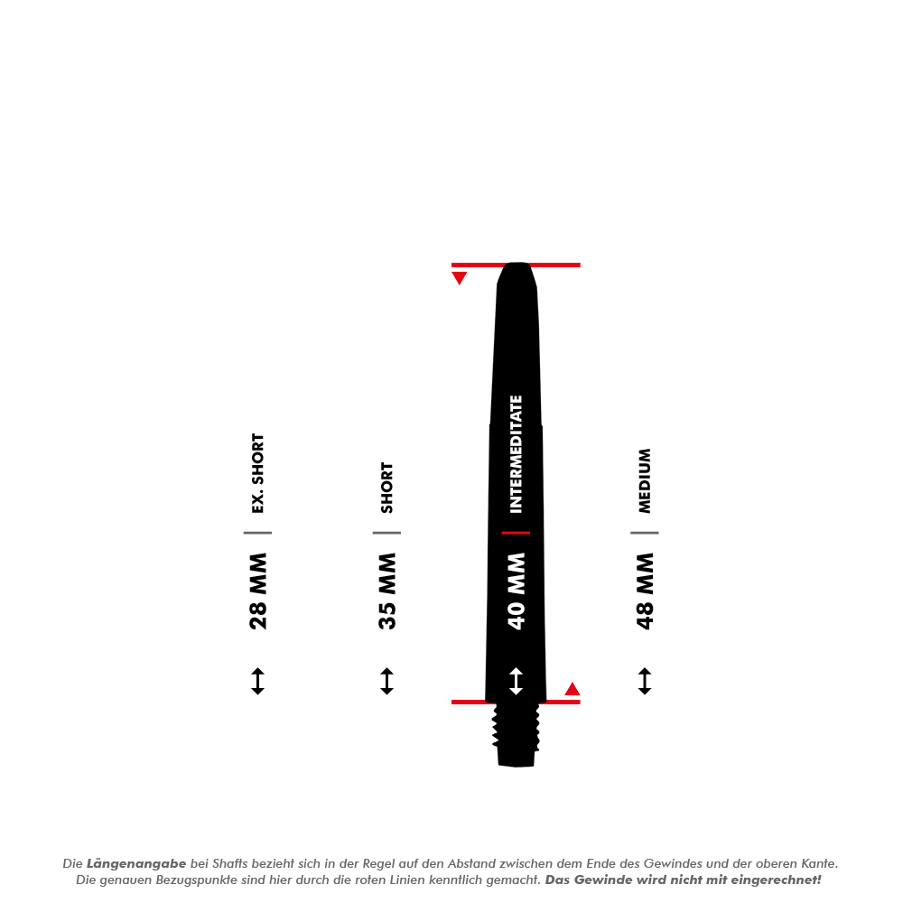 Das Bild zeigt die verschiedenen Längen von Nylon Shafts in Schwarz. Die Längen sind in Ex. Short (28 mm), Short (35 mm), Intermediate (40 mm) und Medium (48 mm) unterteilt.