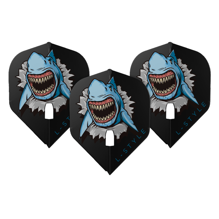 Die Abbildung zeigt drei schwarze Dart-Flights mit einem auffälligen Haifisch-Motiv. Auf jedem Flight steht in blauer Schrift „L-STYLE“.