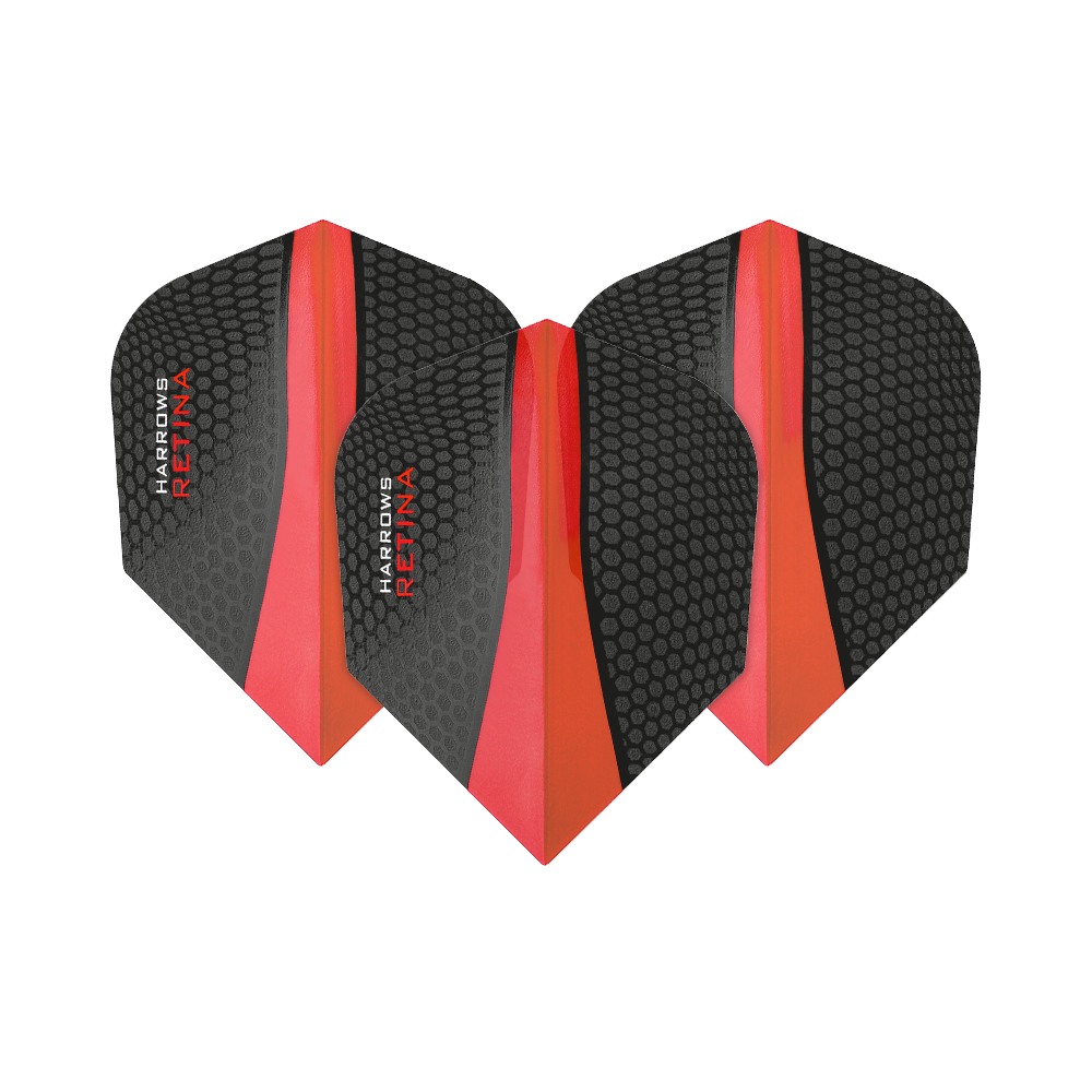 HR64_Harrows_Retina_Rot_No2_Standard_Flights_10I9UuZNXkm2Vc Das Bild zeigt drei Harrows Retina Rot No6 Flights für Darts. Sie sind schwarz mit einem roten Streifen und haben ein Wabenmuster.