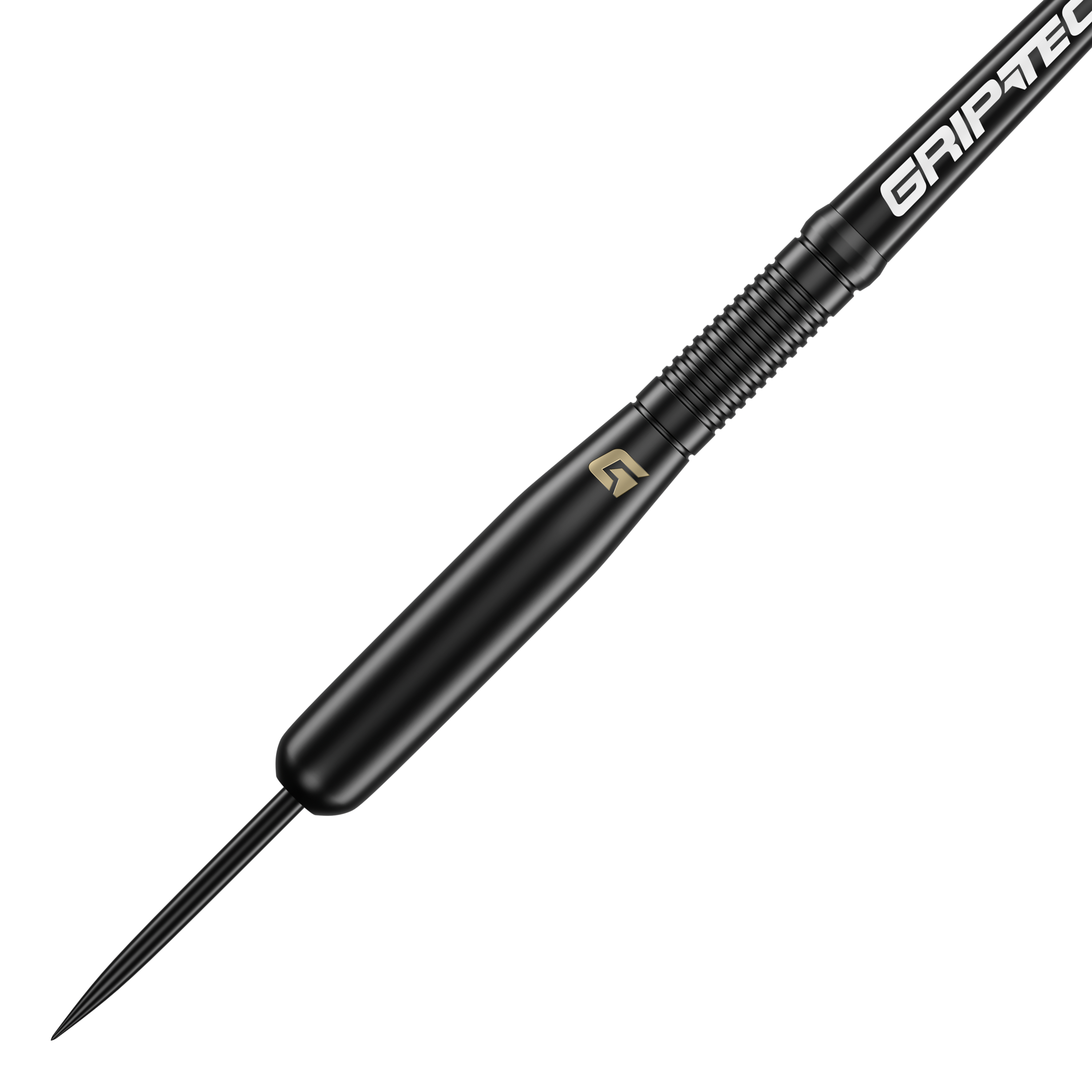 Das Bild zeigt einen schwarzen Steeldart mit der Aufschrift "GRIP-TEC" auf dem Schaft. Es handelt sich um das Produkt "GOAT Homerun Baseball Black Brass Steeldarts - 15g".