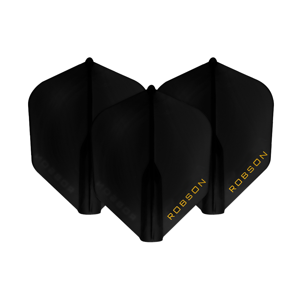 Loty Robson Plus - NO6 Das Bild zeigt drei schwarze Dart-Flights mit der Aufschrift "ROBSON" in gelber Schrift. Sie sind nebeneinander angeordnet und heben sich vor einem weißen Hintergrund ab.