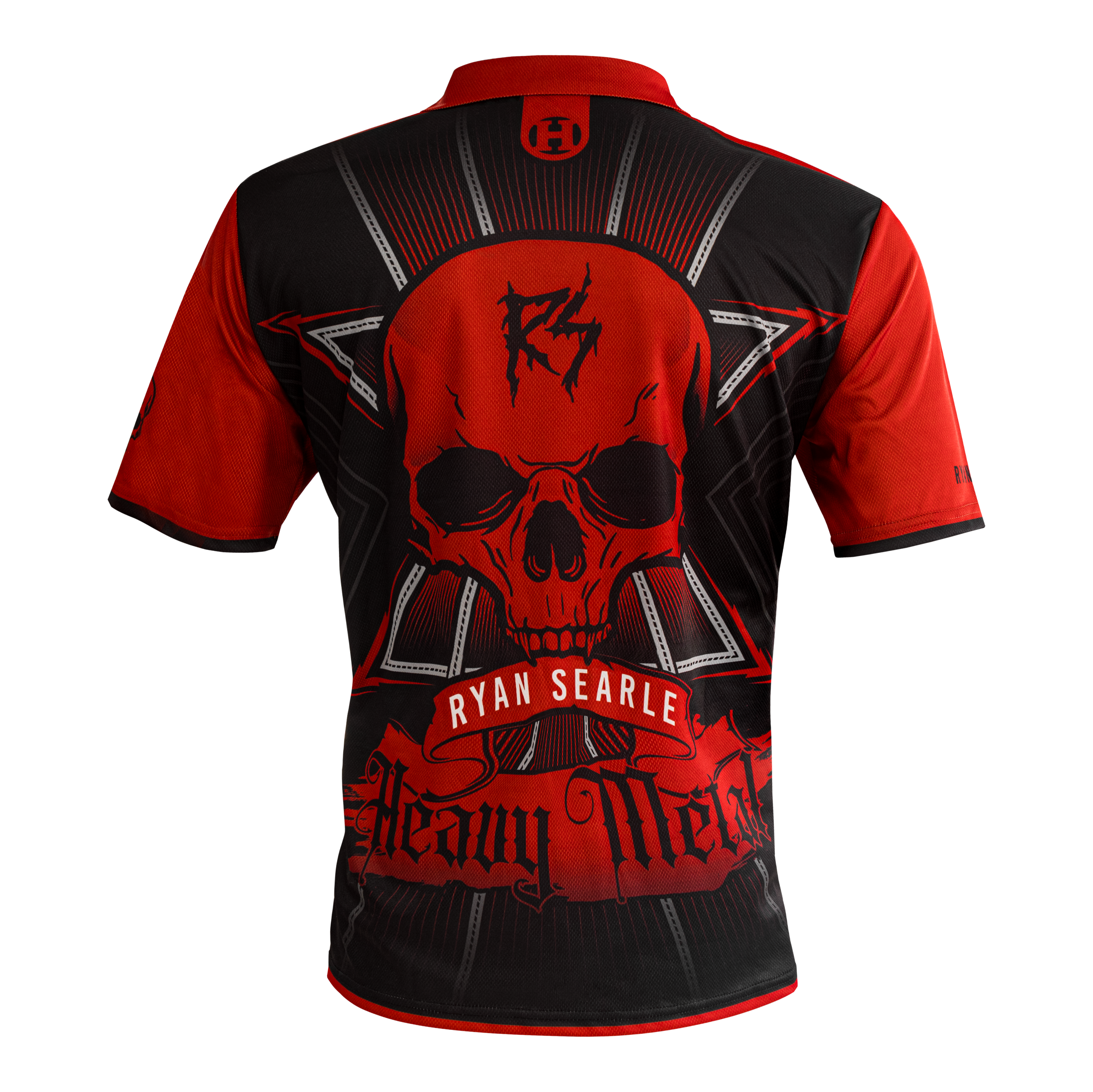Koszulka Harrow's Ryan Searle Heavy Metal Darts Das Bild zeigt das Harrows Ryan Searle Heavy Metal Dartshirt. Auf der Rückseite des Shirts sind ein großer roter Totenkopf, der Name "Ryan Searle" und der Schriftzug "Heavy Metal" abgebildet.