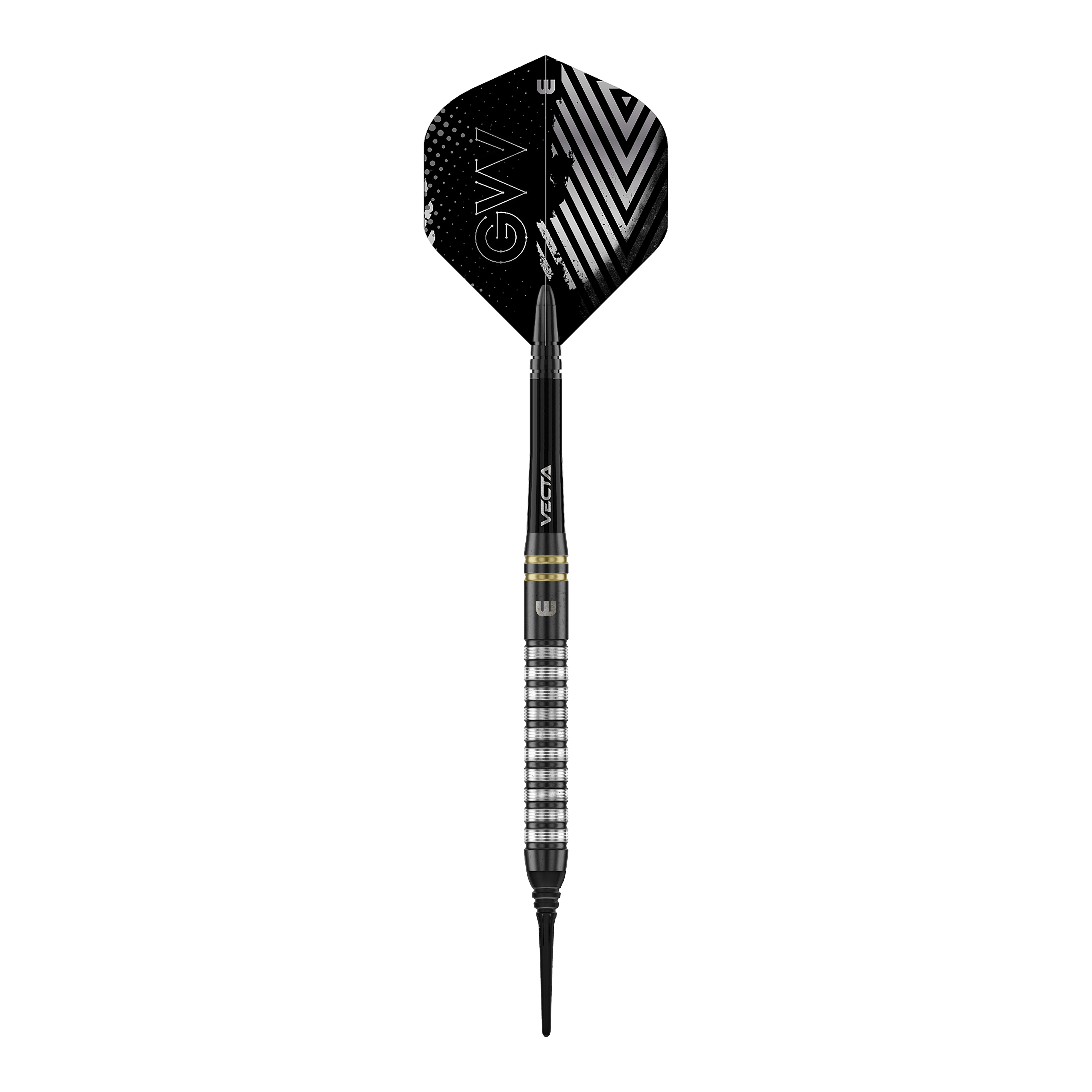 Miękkie rzutki Winmau Gian Van Veen TS - 18g Winmau Gian Van Veen TS Softdarts mit 18g werden aus der Nähe gezeigt. Ein einzelner Dartpfeil liegt im Fokus des Bildes.