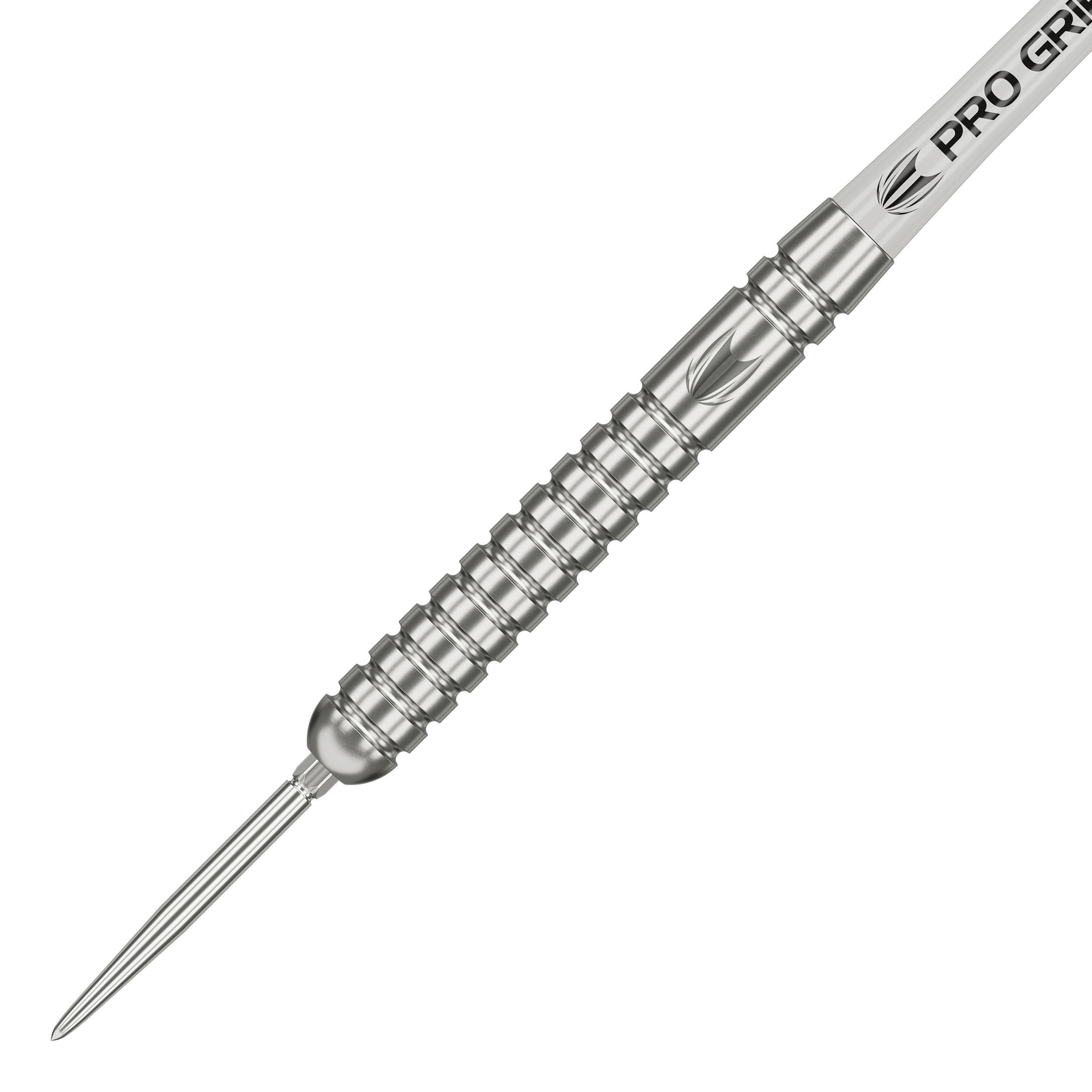 Lotki stalowe Target Rob Cross Voltage Swiss Point Das Bild zeigt einen silbernen Steeldart mit gerilltem Griff und spitzer Metallspitze. Auf dem Schaft steht "PRO GRIP" geschrieben.