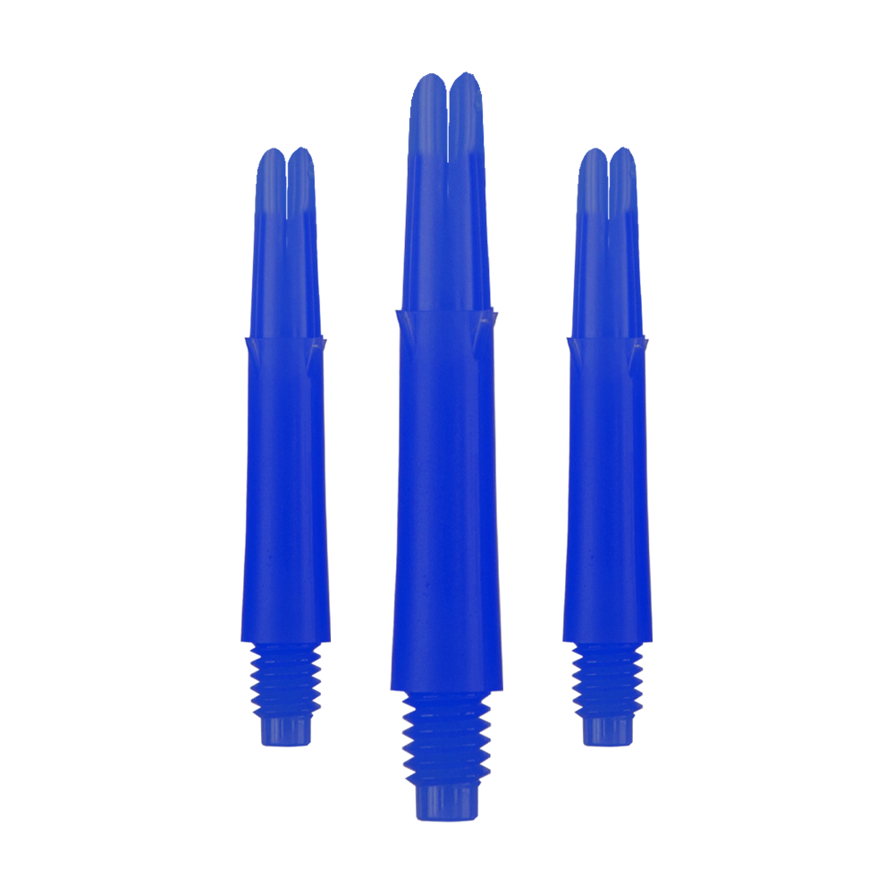 Wałki L-Style z blokadą prostą - niebieskie Auf dem Bild sind drei blaue Dartschäfte in unterschiedlicher Höhe zu sehen. Sie haben ein gerades Design und ein Gewinde am unteren Ende.