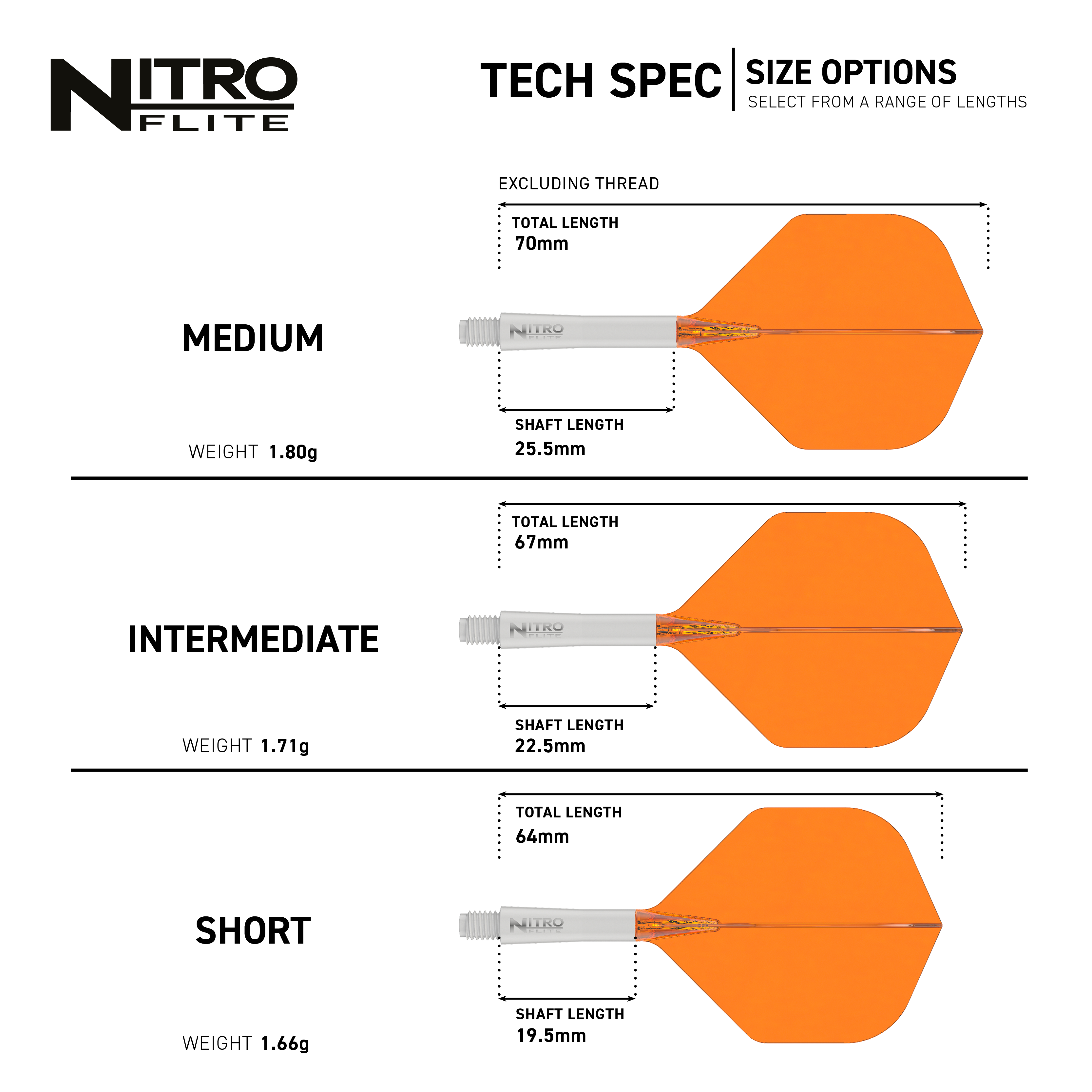 Dieses Bild präsentiert den Red Dragon Nitroflite White Shaft Orange Flights No2. Der Dart-Schaft hat eine weiße Farbe, die Flights sind orange.