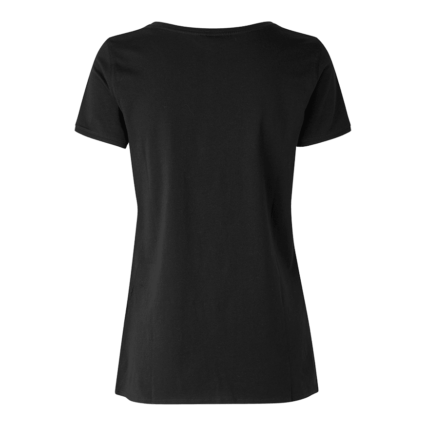 T-shirt damski Barrels and Shafts – czarny Das Bild zeigt ein schwarzes Damen-T-Shirt von hinten. Das T-Shirt hat einen einfachen, klassischen Schnitt ohne sichtbare Aufdrucke oder Muster.