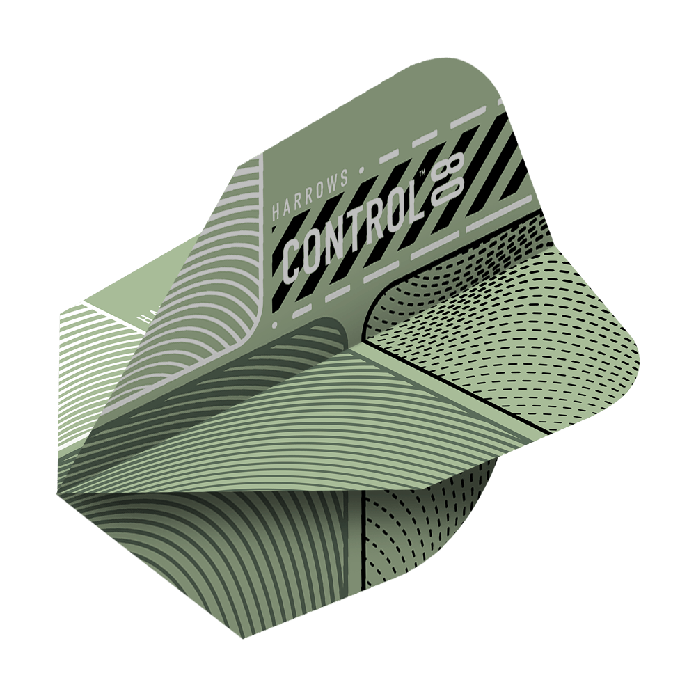 Harrows Prime Control No6 Flights Das Bild zeigt das Produkt "Harrows Prime Control No6 Flights". Die Flights haben ein modernes, grafisches Design in verschiedenen Grüntönen.