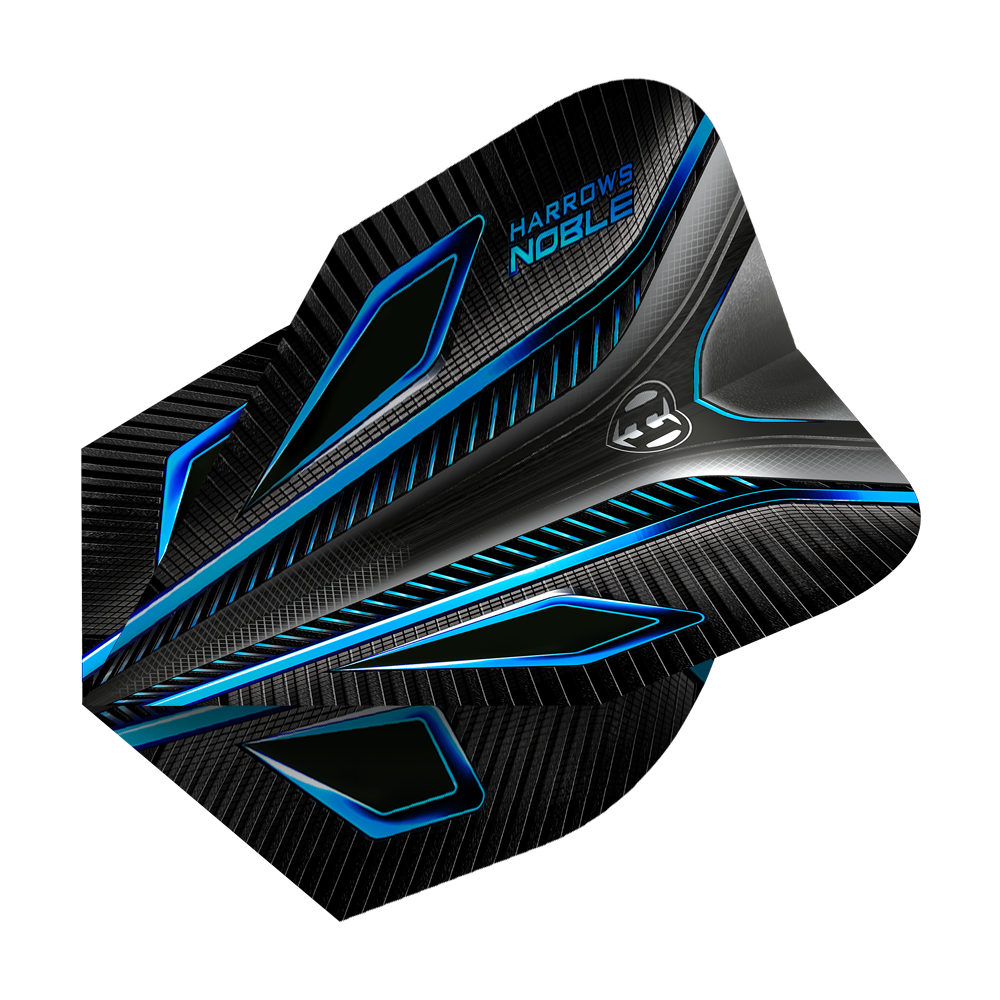 HR7_Harrows_Noble_Aqua_Standard_Flights_2 Das Bild zeigt die Harrows Noble Aqua Standard Flights, ein Zubehörteil für Dartpfeile. Sie sind schwarz mit blauen und silbernen Akzenten gestaltet und wirken sehr modern.