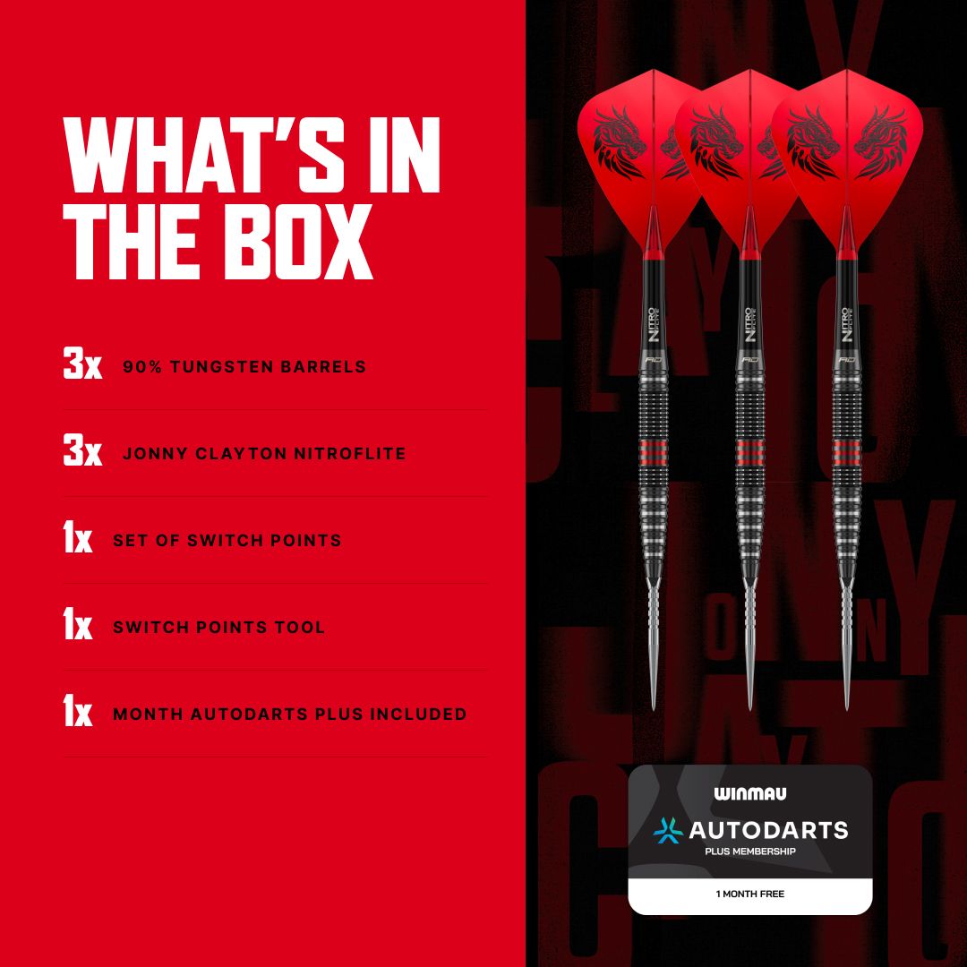 Rzutki stalowe Red Dragon Jonny Clayton RD-PRO Switch Point Die Aufnahme zeigt Red Dragon Jonny Clayton RD-PRO Switch Point Steeldarts aus einer anderen Perspektive. Die feine Struktur und Form der Darts ist erkennbar.