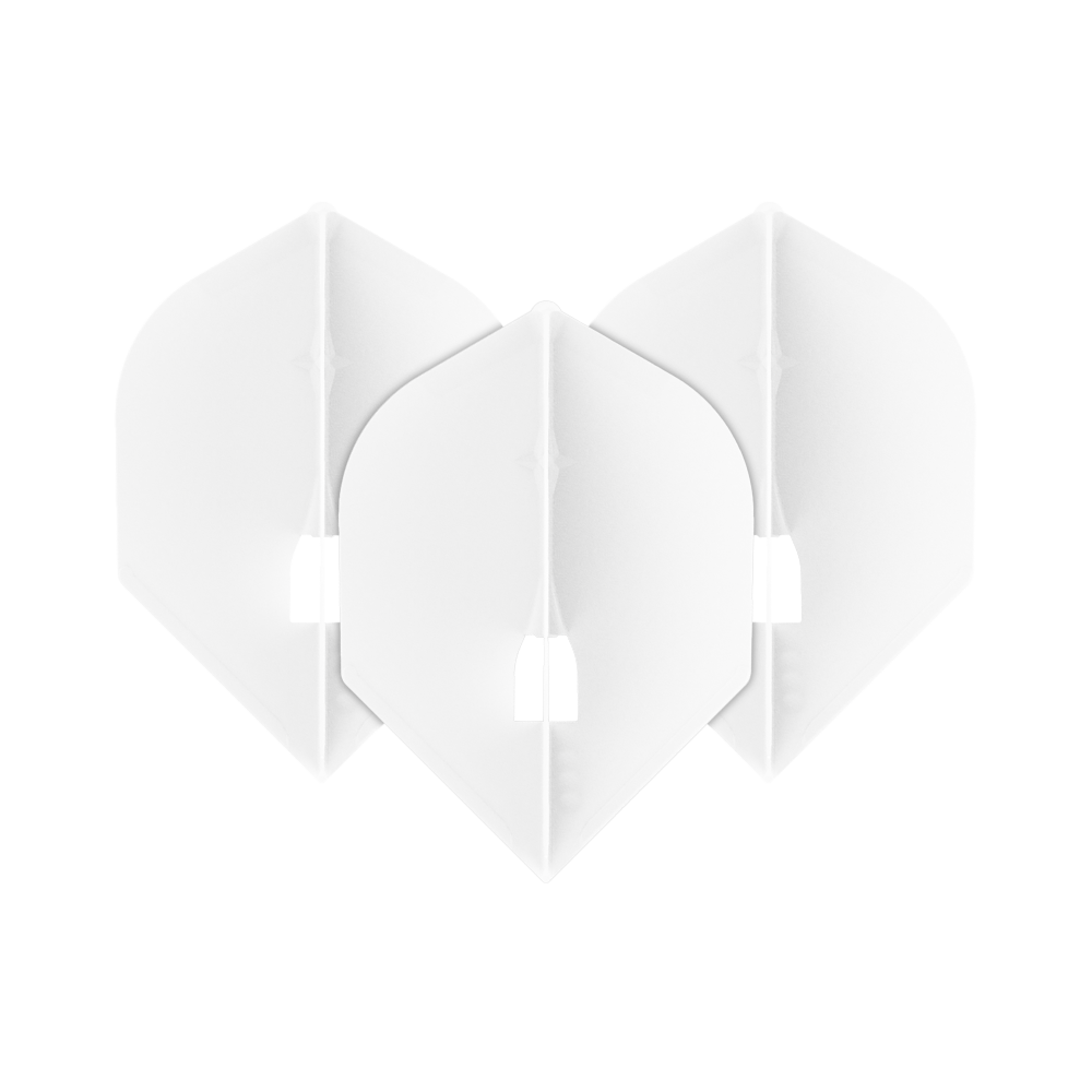 L-L-Style5PRO Rocket Flights Das Bild zeigt drei weiße L-Style L5PRO Rocket Flights für Dartpfeile. Sie sind in einer überlappenden Formation angeordnet und haben eine moderne, kantige Form.