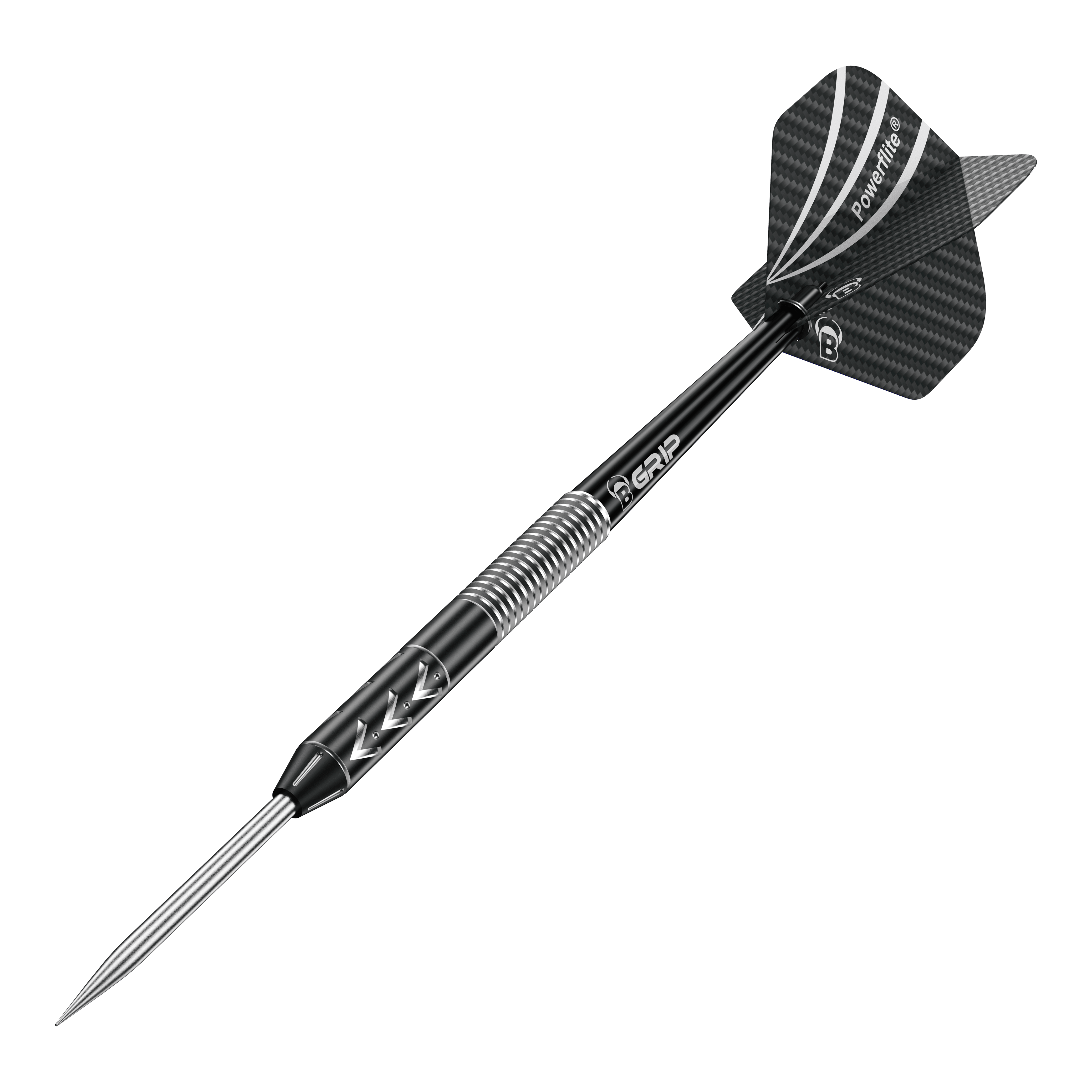 Das Bild zeigt einen Bulls Challenger Arno Merk Steeldart mit einem Gewicht von 22g. Der Dart ist überwiegend schwarz mit einem silbernen Griffbereich und einer schwarzen Flight.