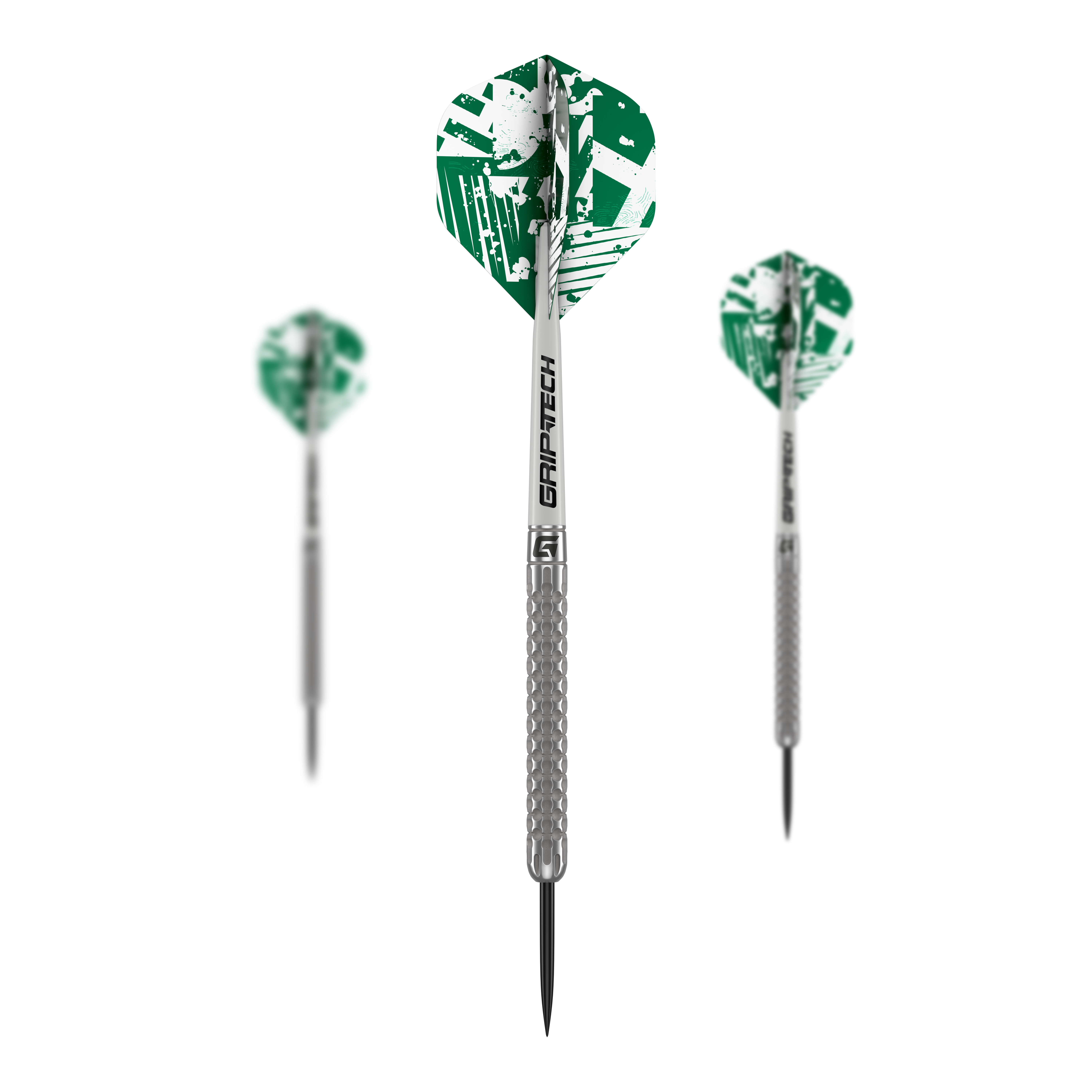 Lotki GOAT Fairway V1 ze stali wolframowej Das Bild zeigt drei GOAT Fairway V1 Tungsten Steeldarts mit grünen und weißen Flights. Die Darts haben silberne Griffe mit strukturiertem Muster und schwarzer Spitze.