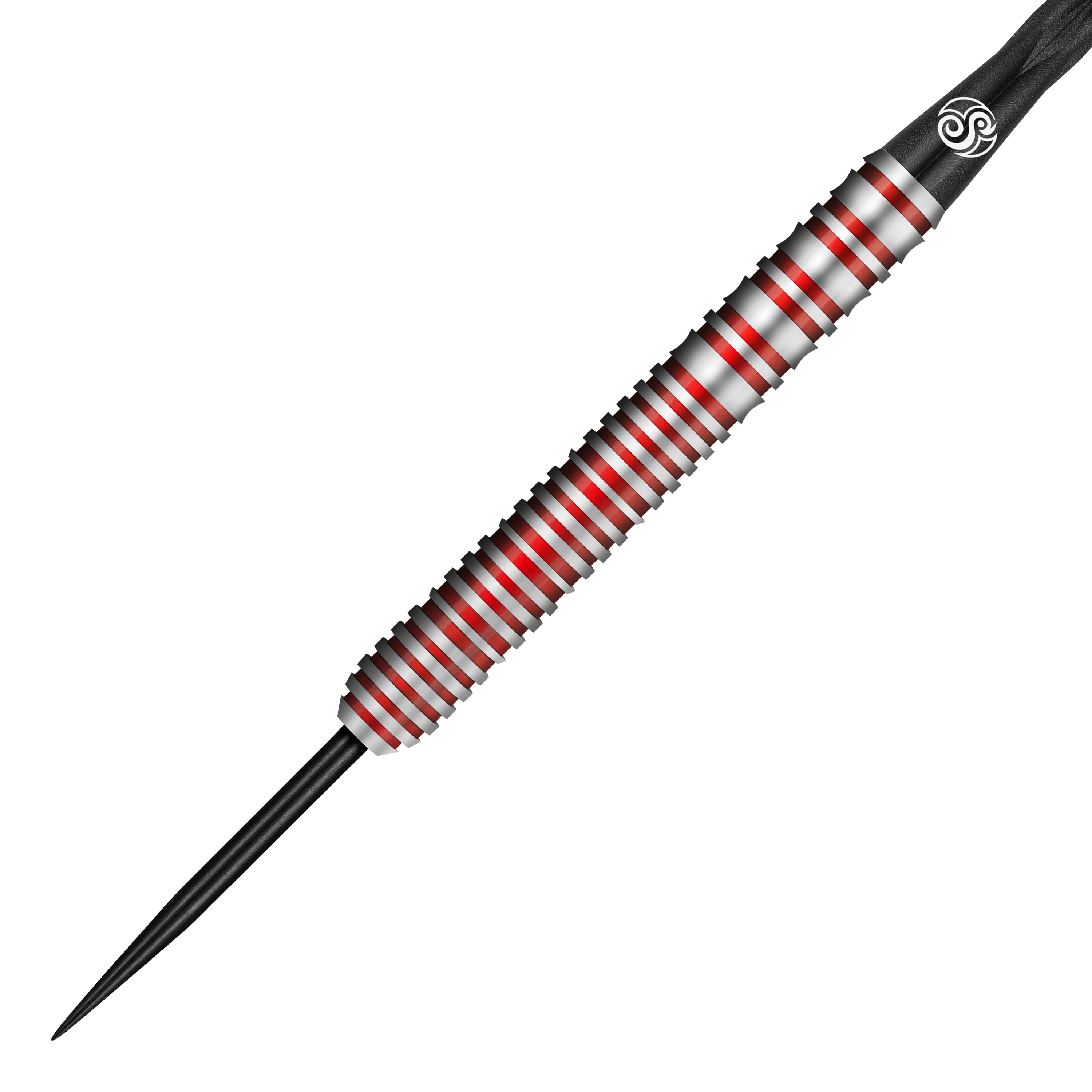Das Bild zeigt einen Shot Michael Smith Bully Boy Game Day Steeldart. Der Dartpfeil hat ein silbernes Design mit roten Rillen und einer schwarzen Spitze.