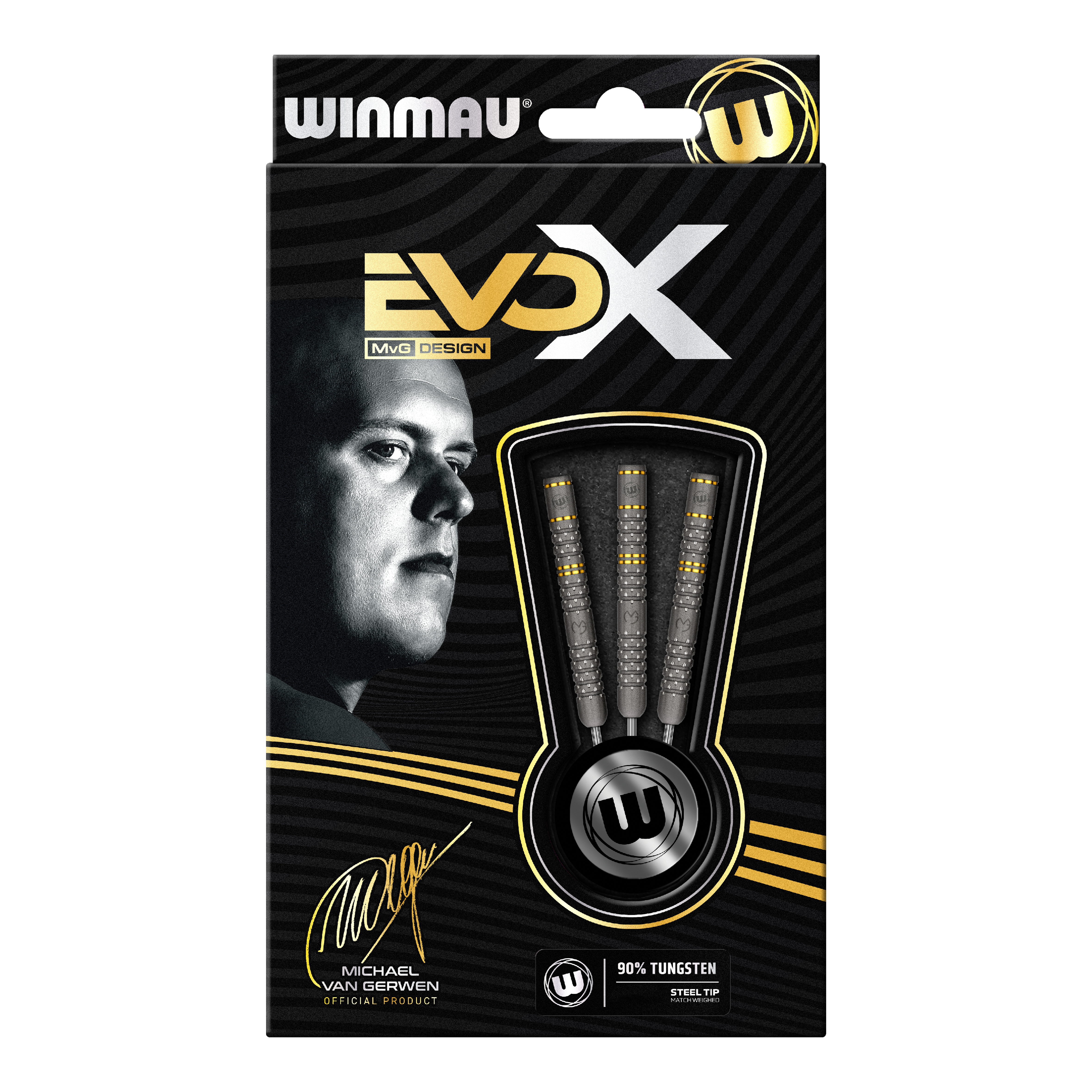 Stalowe rzutki Winmau Michael Van Gerwen Evo-X Die Verpackung zeigt die "Winmau Michael Van Gerwen Evo-X Steeldarts" mit stilvollem Design und prominenter Abbildung von Michael Van Gerwen. In der Packung sind drei Steeldarts mit 90% Tungsten-Anteil sichtbar.