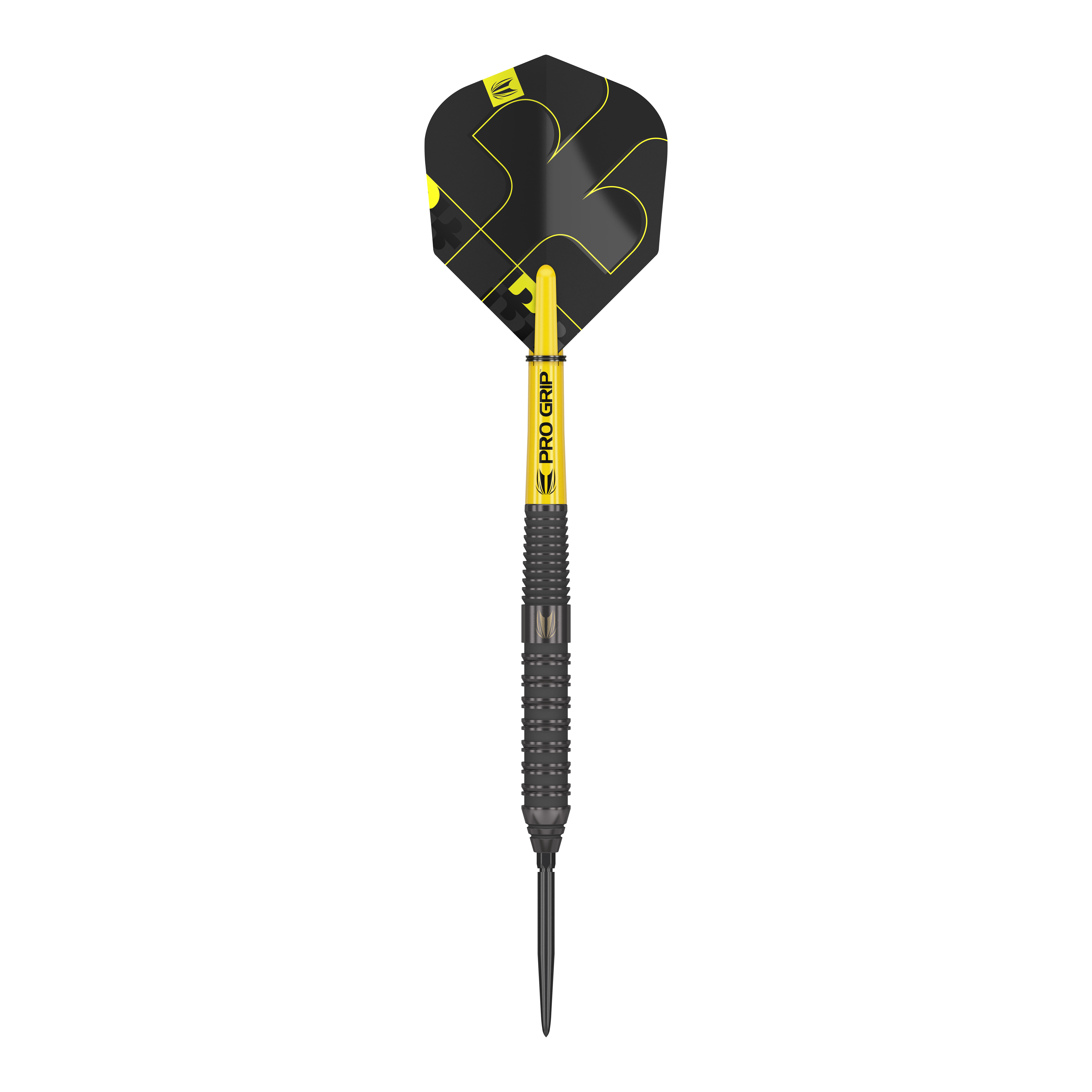 Stalowe lotki Target Bolide Void 02 Swiss Point Das Bild zeigt einen Target Bolide Void 02 Swiss Point Steeldart. Der Dartpfeil ist schwarz mit gelben Akzenten und hat eine strukturierte Griffoberfläche.