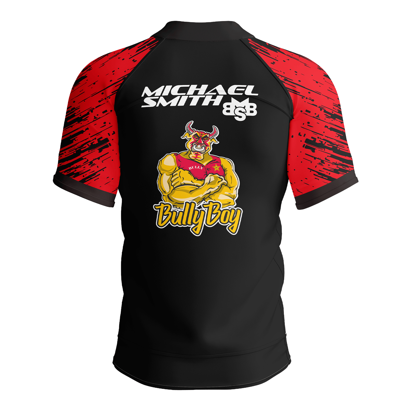 Koszulka polo z czerwonym paskiem i nadrukiem Michaela Smitha Das Bild zeigt das Shot Michael Smith Red Strip Polo Dartshirt. Dieses Dartshirt ist speziell für Fans von Michael Smith entworfen.