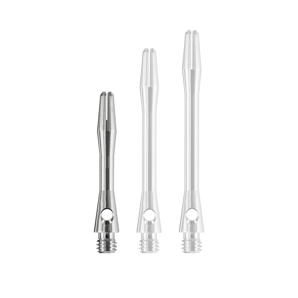 HR369_Harrows_Keramic_Shafts_Gun_Metal_35mm_18YXNdbJfQFgSB Das Bild zeigt drei silberfarbene Dartschäfte in unterschiedlicher Länge. Es handelt sich um die „Harrows Keramic Shafts - Gun Metal“.