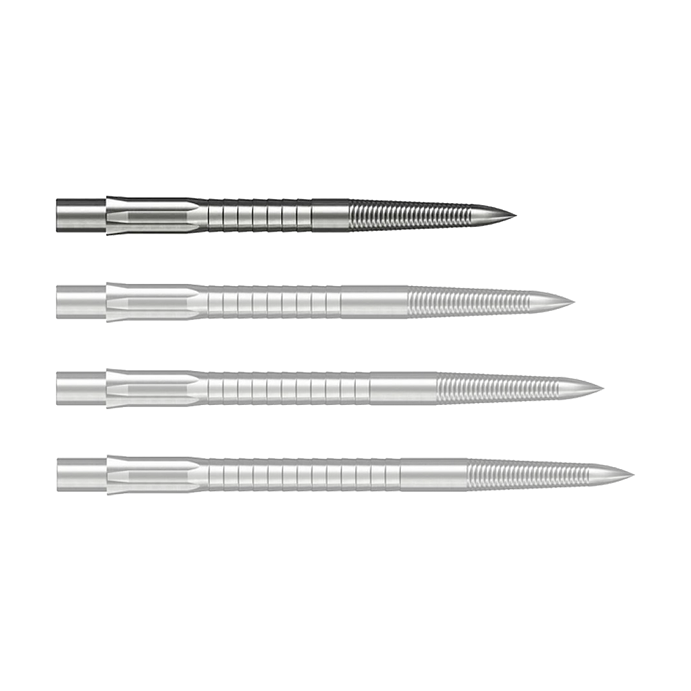 Stalowe końcówki do lotek Caliburn System - Micro Grip - srebrne Abgebildet ist eine silberne Caliburn Evo System Steeldartspitze Micro Grip mit 28 mm Länge. Die Spitze liegt deutlich sichtbar auf einem hellen Hintergrund.