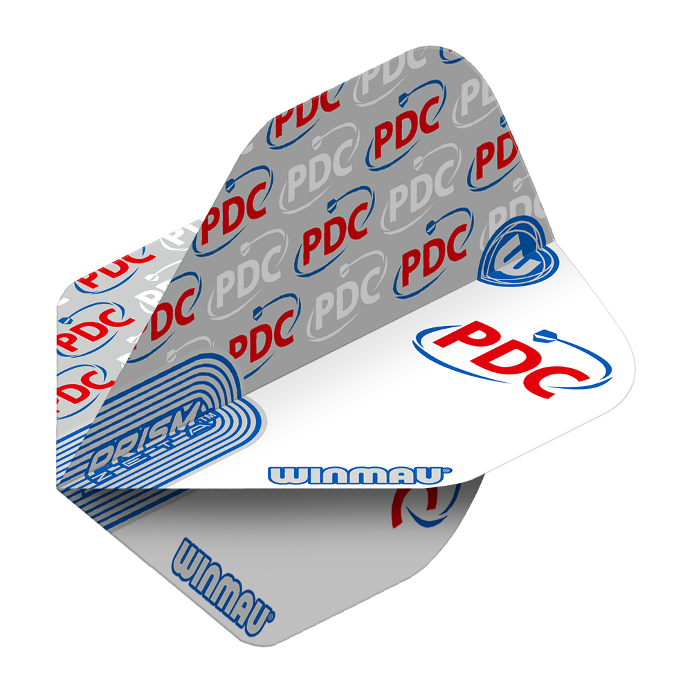 Das Bild zeigt die "Winmau Prism Zeta PDC White Standard Flights" für Dartpfeile. Die Flights sind weiß mit blauen und roten PDC-Logos sowie dem Winmau-Logo bedruckt.