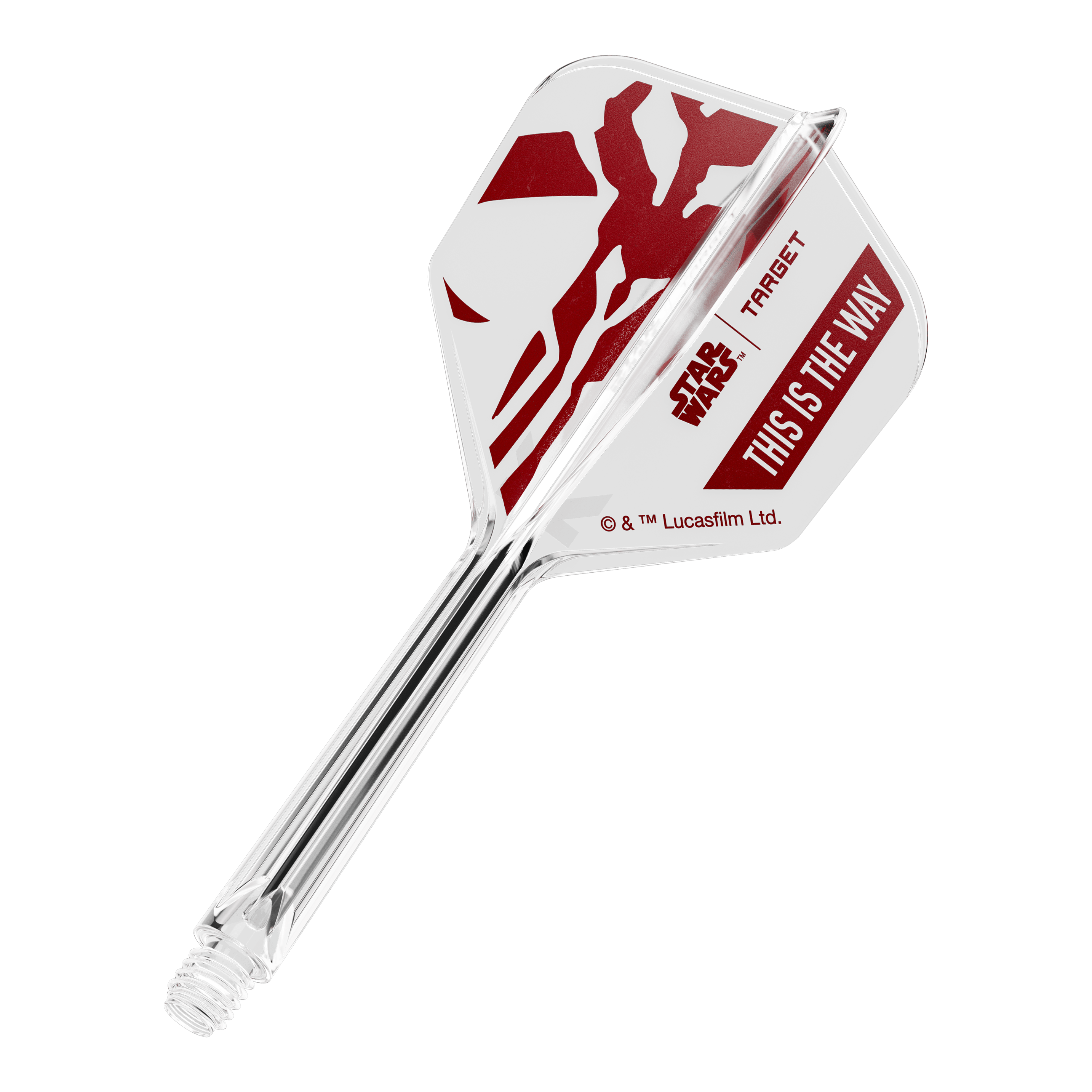 Zestaw Target Star Wars K-Flex Mandalorian No6 Flights Zu sehen ist '410625_Target_StarWars_K-Flex_ThisIsTheWay_No6_Flights_33mm_1b'. Es handelt sich wohl um Dart-Flights mit dem Schriftzug 'This Is The Way'.