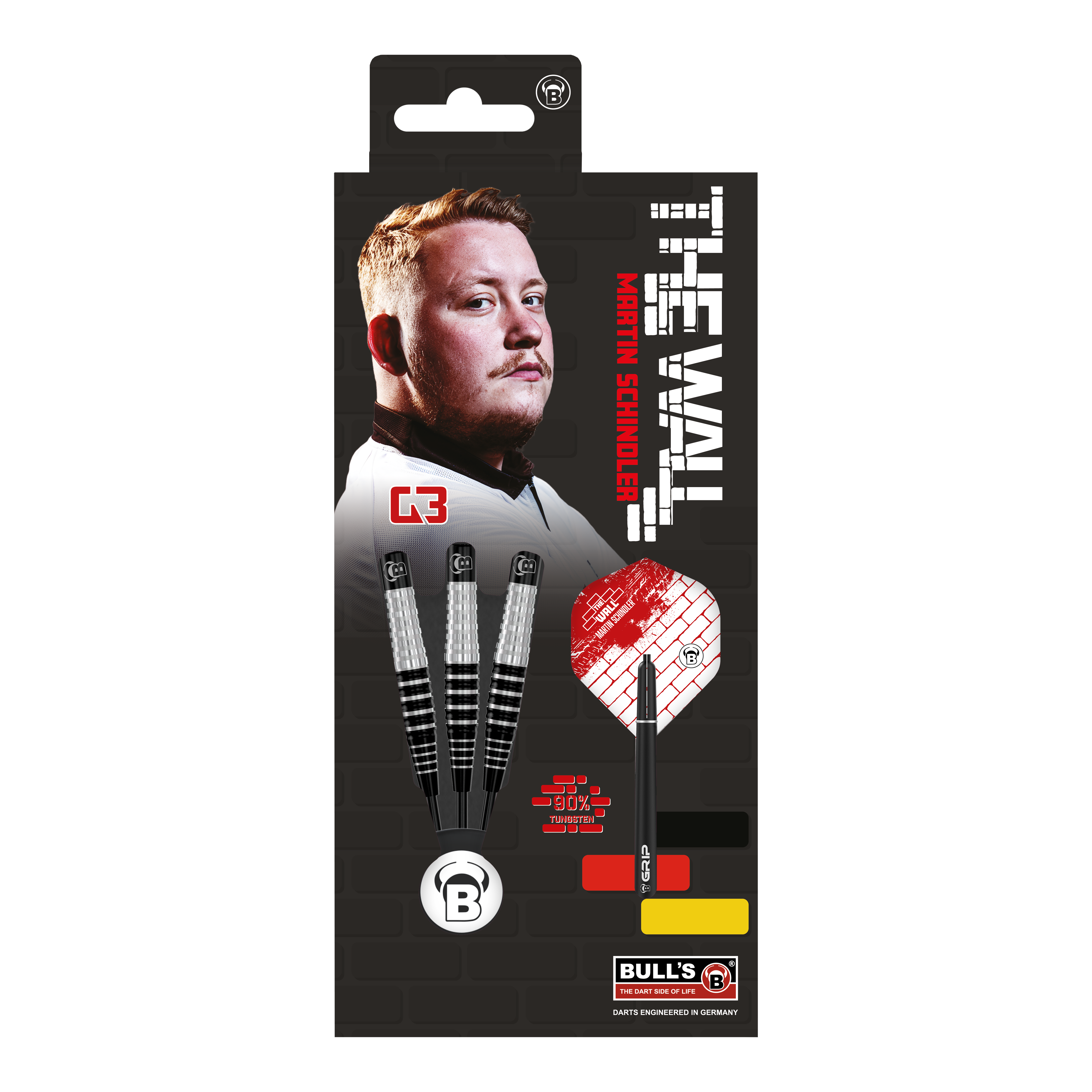Rzutki stalowe Bulls Martin Schindler Original Generation 3 Auf dem Bild ist die Verpackung der "Bulls Martin Schindler Original Generation 3 Steeldarts" zu sehen. Auf der Verpackung sind ein Porträt von Martin Schindler und drei Steeldarts abgebildet.
