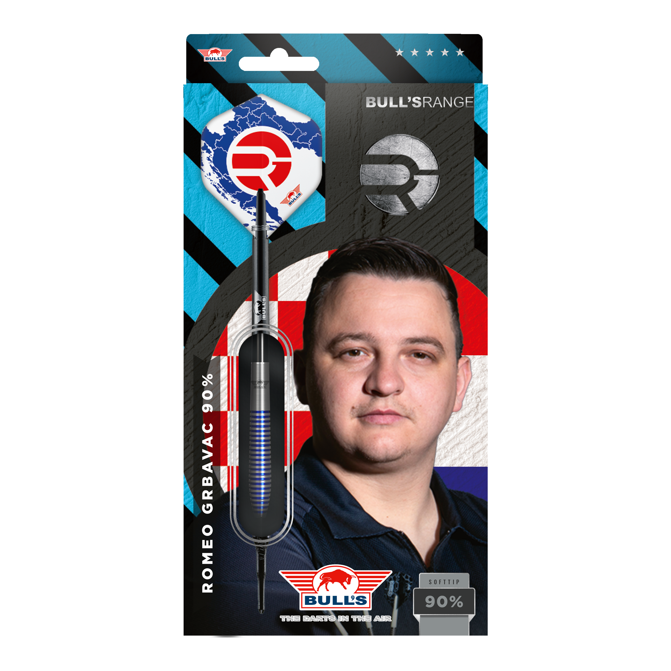Bulls NL Romeo Grbavac miękkie lotki - 19g Die Verpackung zeigt die Softdarts "Bulls NL Romeo Grbavac" mit einem Gewicht von 19g. Auf der Vorderseite ist auch das Bild eines Mannes und das Logo von Bulls abgebildet.