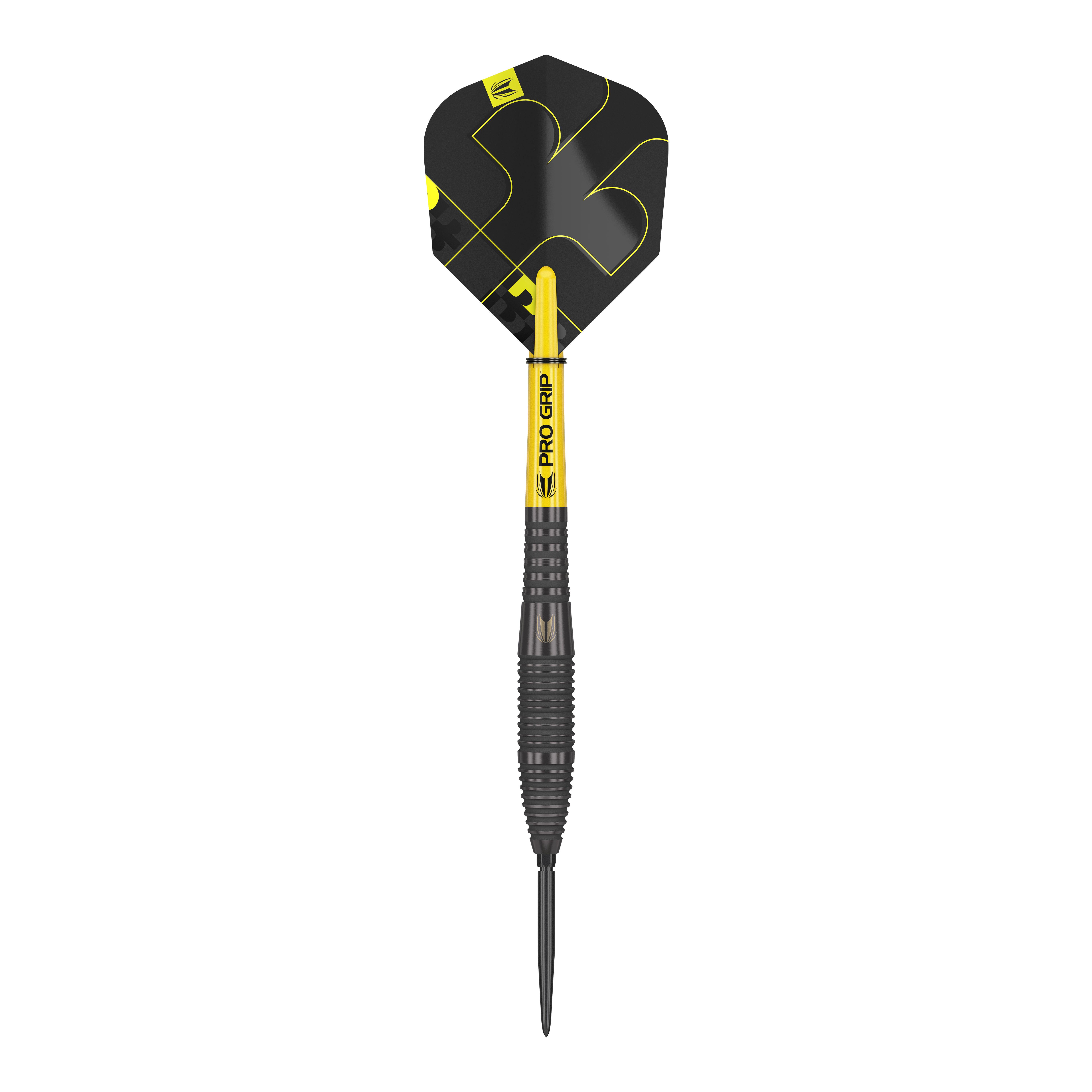 Stalowe lotki Target Bolide Void 05 Swiss Point Das Bild zeigt einen Target Bolide Void 05 Swiss Point Steeldart. Der Dartpfeil ist überwiegend schwarz mit gelben Akzenten und hat eine strukturierte Griffzone.