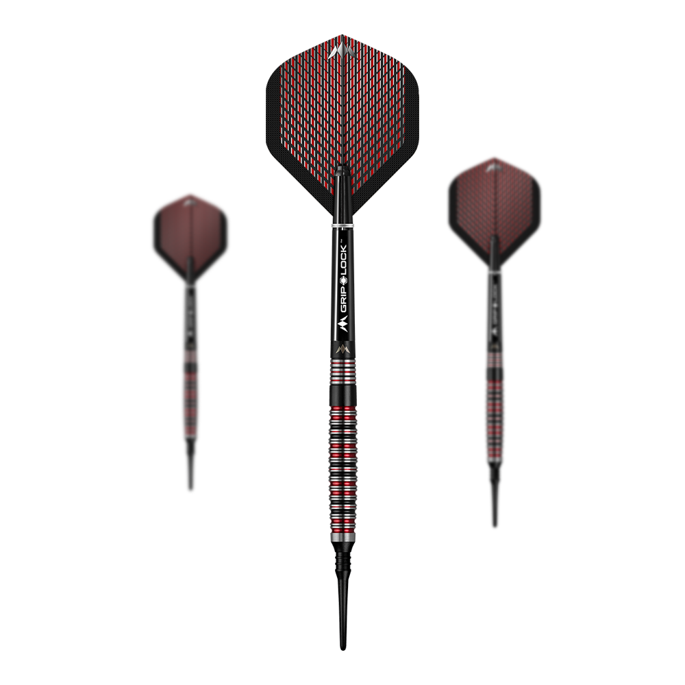 Das Bild zeigt drei Softdarts des Modells Mission Red Dawn Model 3 mit einem Gewicht von 20g. Die Darts haben schwarze und rote Flights sowie silberne und rote Griffe.