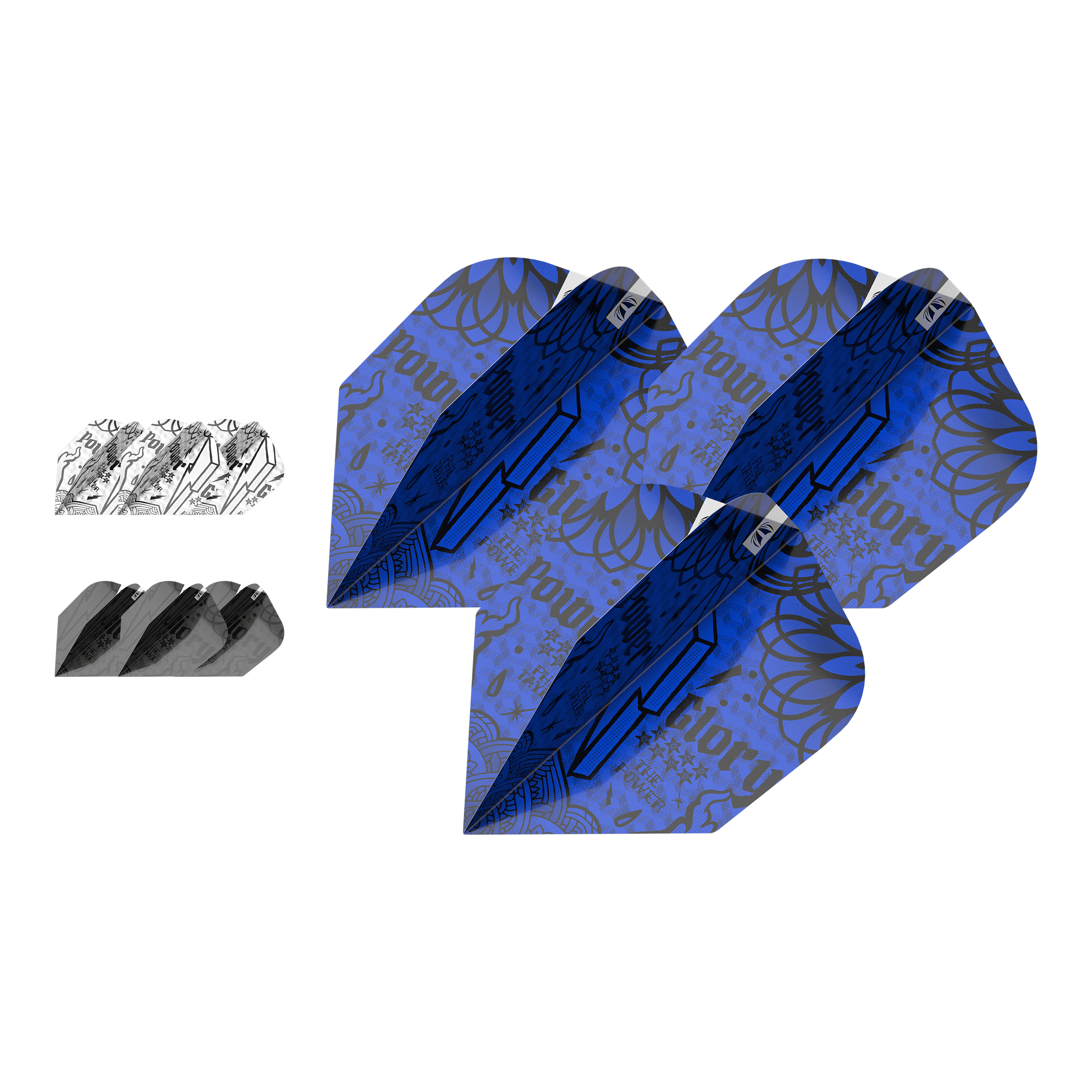 Docelowy zestaw atramentów 3 ustawia loty Power No6 Das Bild zeigt drei Sets von Target Ink Bundle Power No6 Flights in verschiedenen Farben und Designs. Die Flights sind in Blau, Schwarz und Weiß mit auffälligen grafischen Mustern gestaltet.