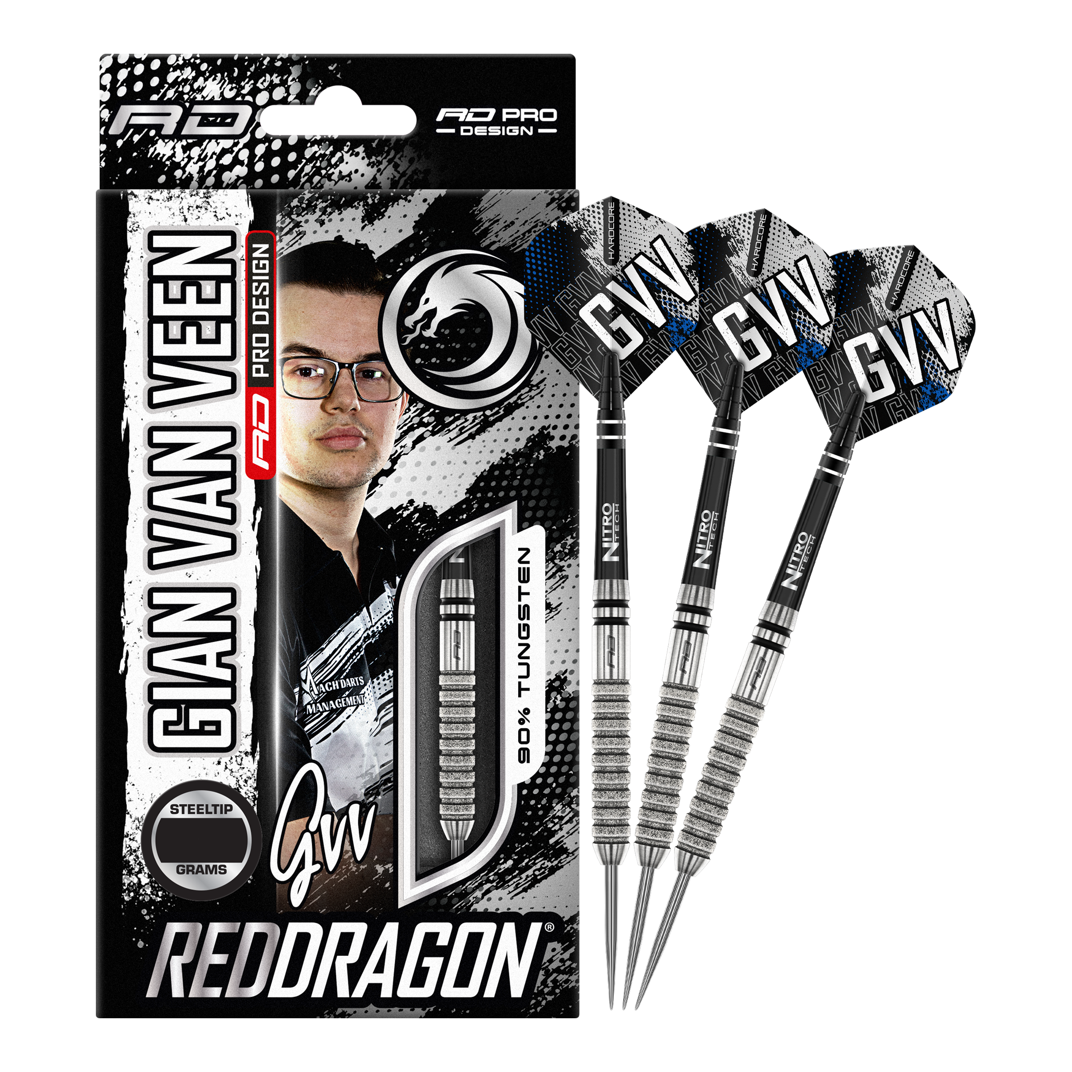 Steeldarts Red Dragon Gian Van Veen Tour Edition - 22g Das Bild zeigt die Verpackung und drei Steeldarts des Produkts „Red Dragon Gian Van Veen Tour Edition“ mit 22 Gramm Gewicht. Auf der Verpackung ist ein Porträt von Gian Van Veen sowie der Schriftzug „REDDRAGON“ zu sehen.