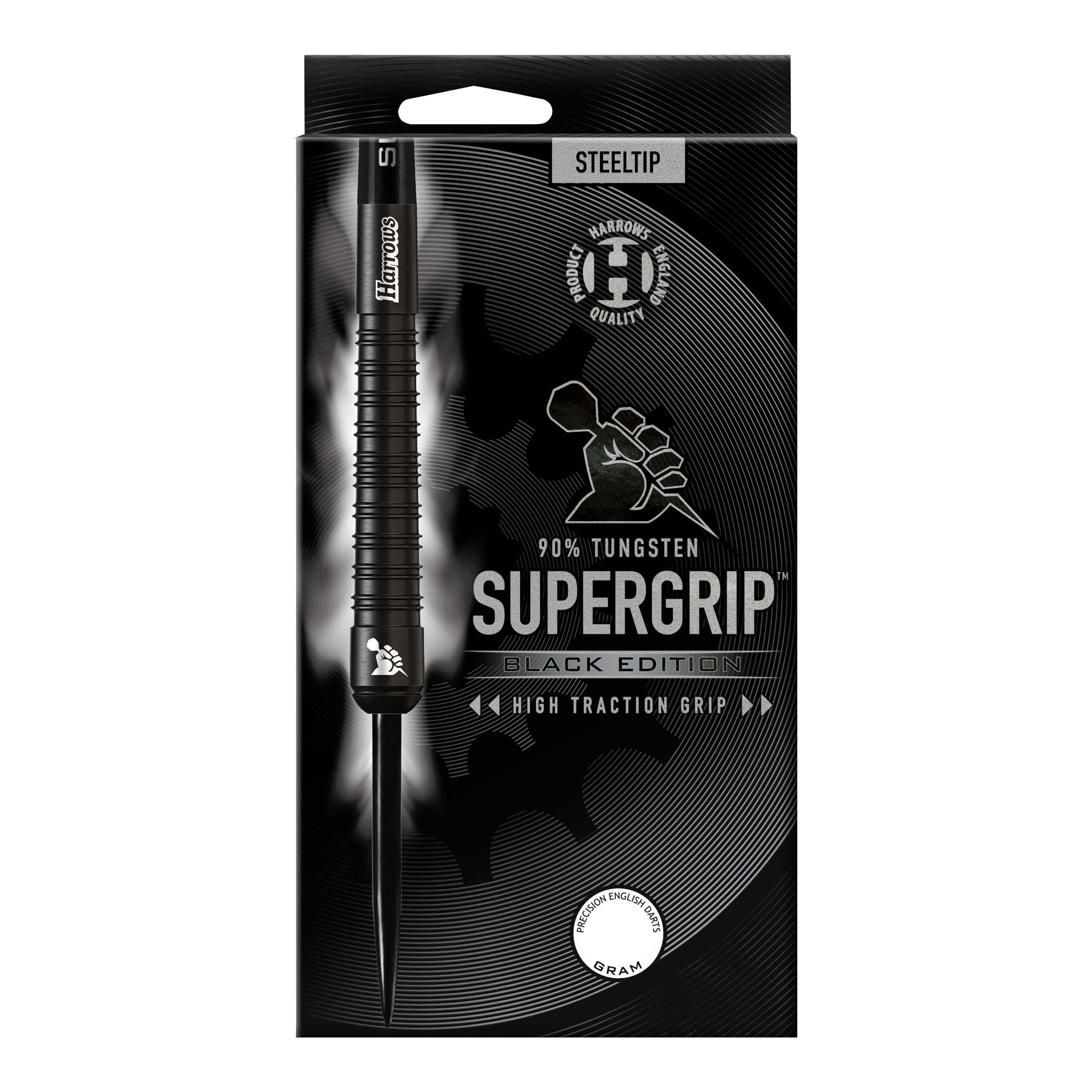 Stalowe lotki Harrows Supergrip Black Edition Das Bild zeigt die Verpackung der "Harrows Supergrip Black-Edition Steeldarts". Die Verpackung ist schwarz gehalten und hebt die hohe Griffigkeit sowie einen 90%igen Tungsten-Anteil hervor.